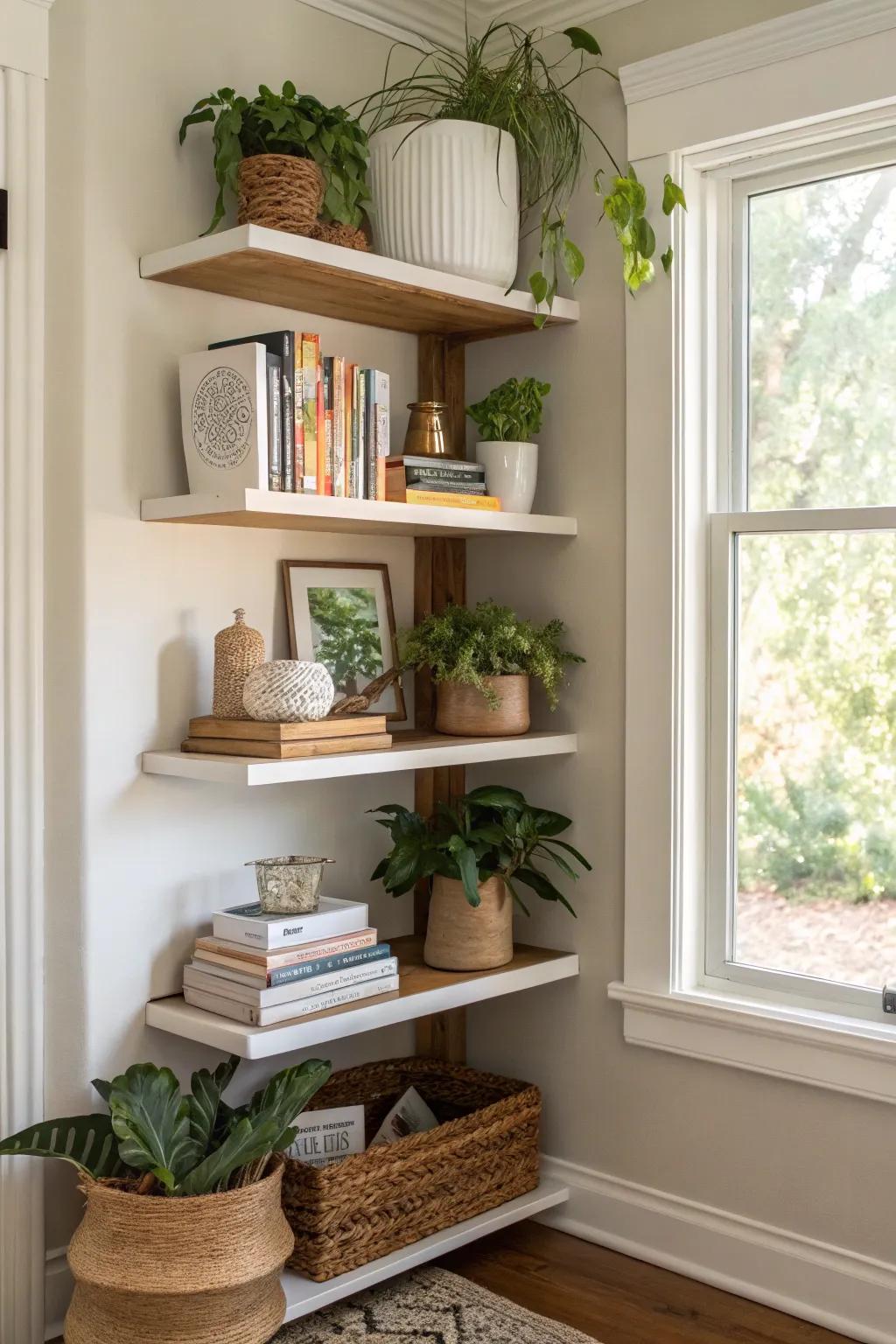 Elegant corner shelving takes advantage of space that might otherwise go unused.
