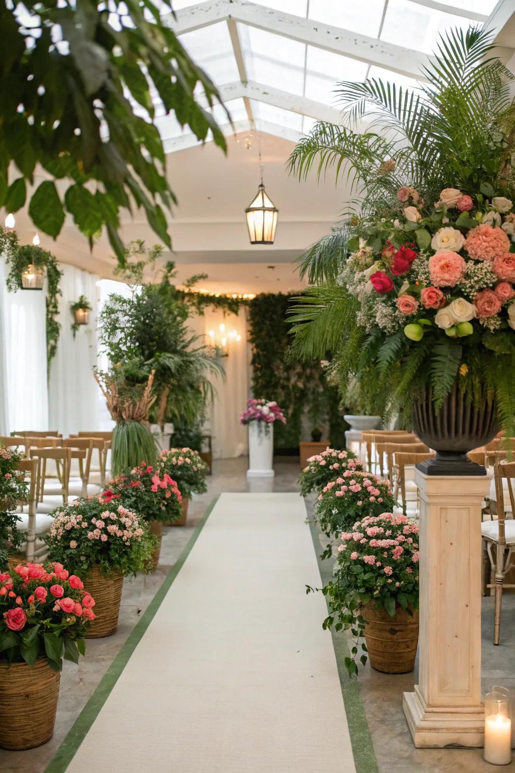 A lush garden atmosphere created indoors with potted plants and flowers.
