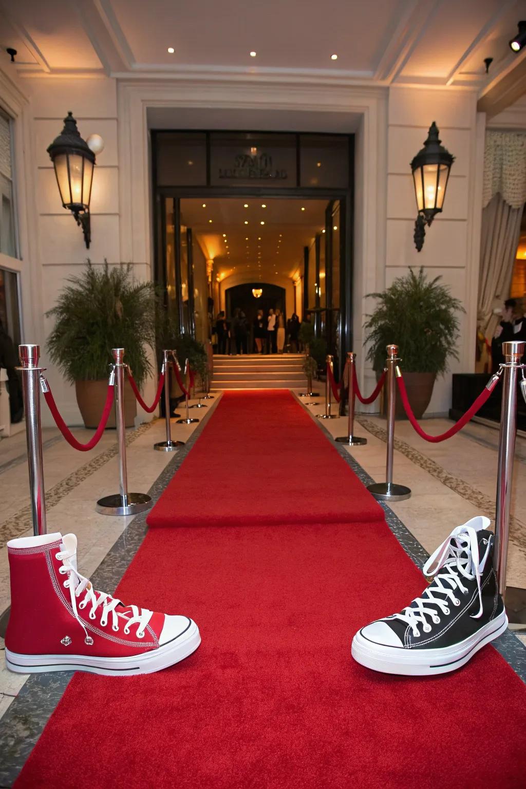 A glamorous crimson path entrance enhanced with footwear decorations.