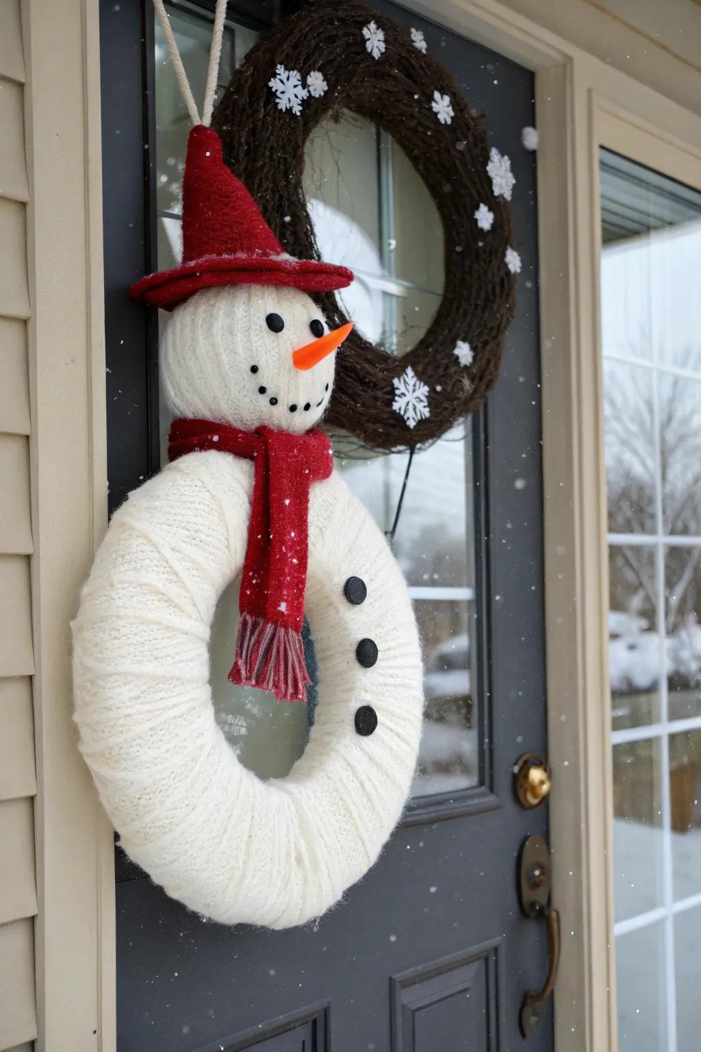 A snow figure garland greets guests with warmth and joy.