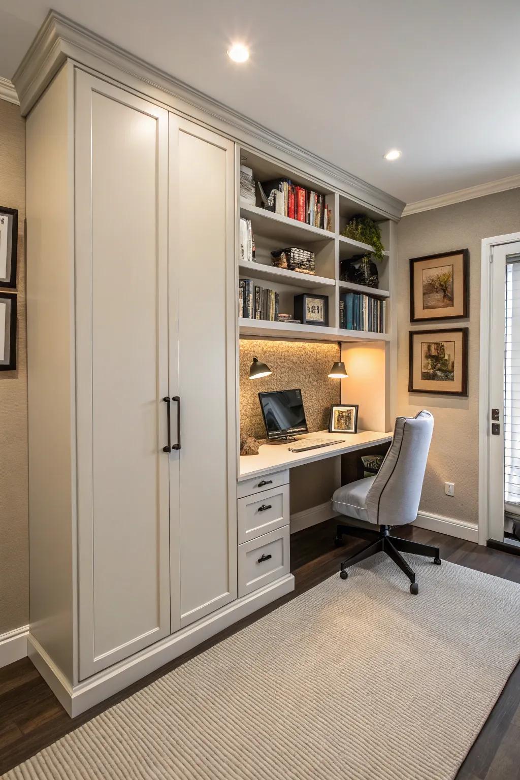 A Murphy bed delivers a refined, space-saving sleeping solution.