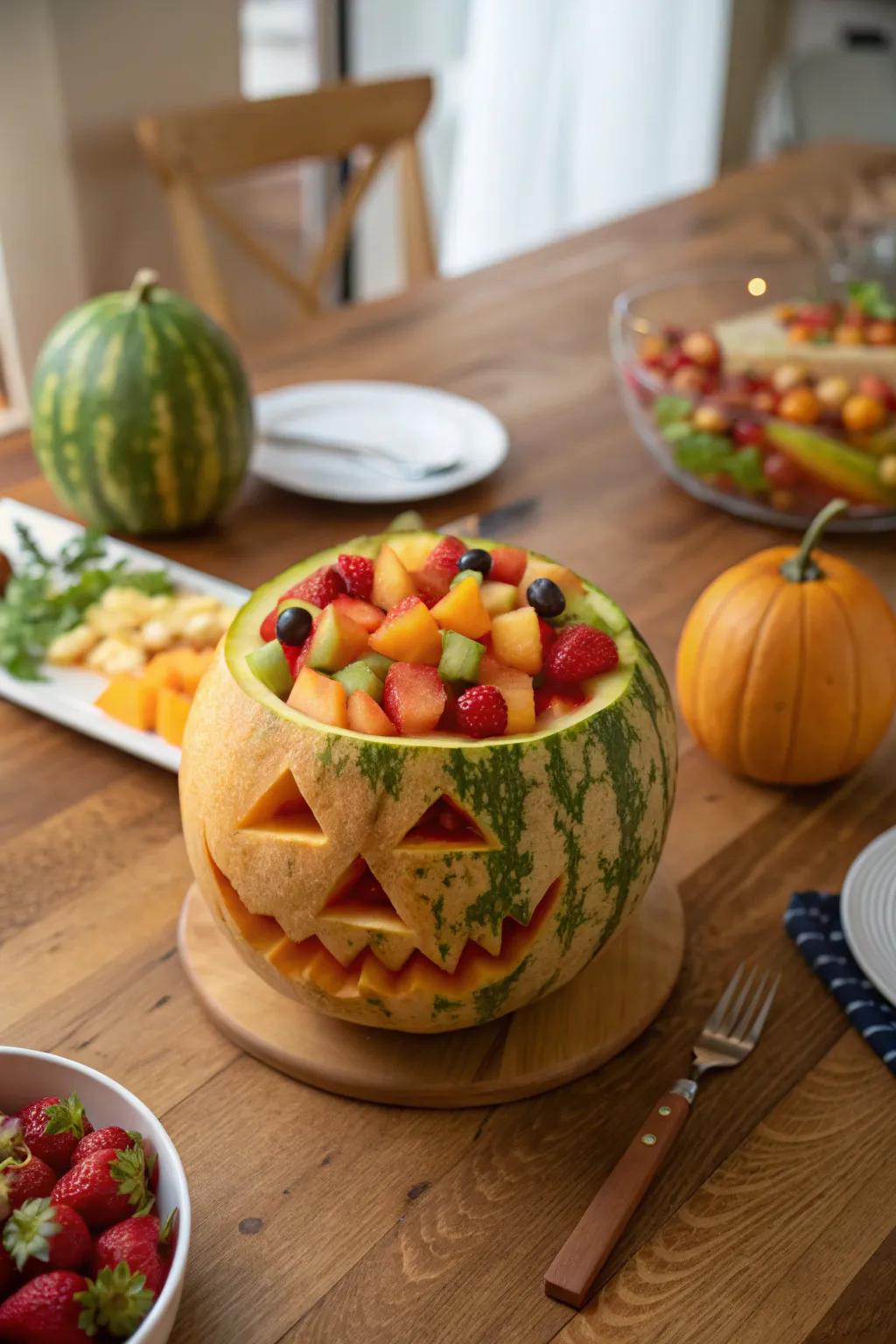 A jack-o'-lantern citron that functions dually as a jubilant fruit receptacle.