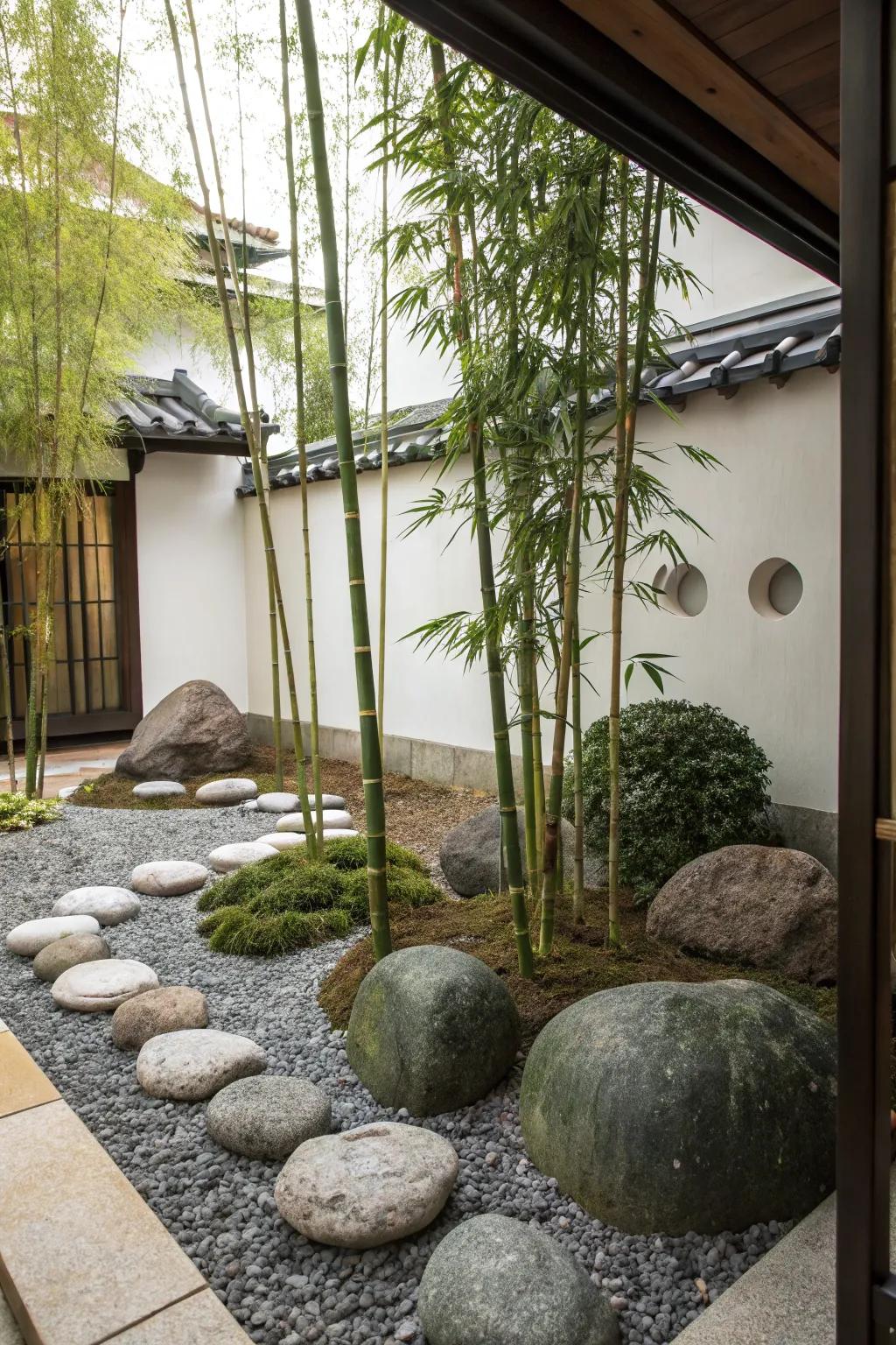 A meditative garden featuring rocks and bamboo provides a tranquil sanctuary for contemplation.