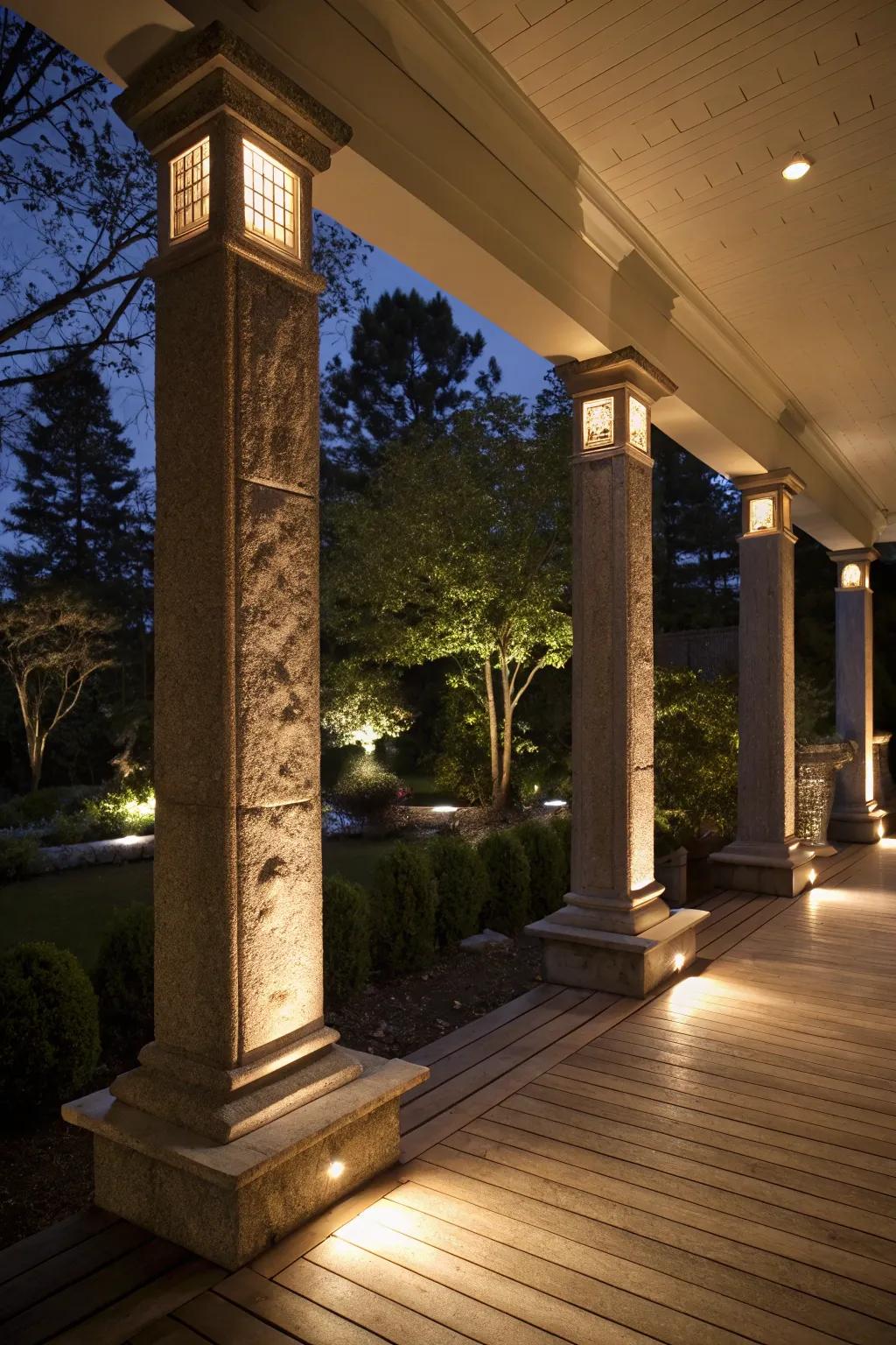 Illumination installed in rectangular pillars creates a welcoming glow.