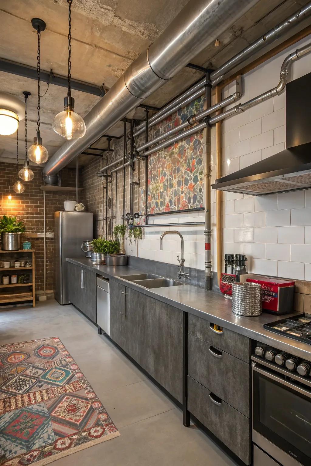 Urban accents connect with steel for a striking cooking space declaration.