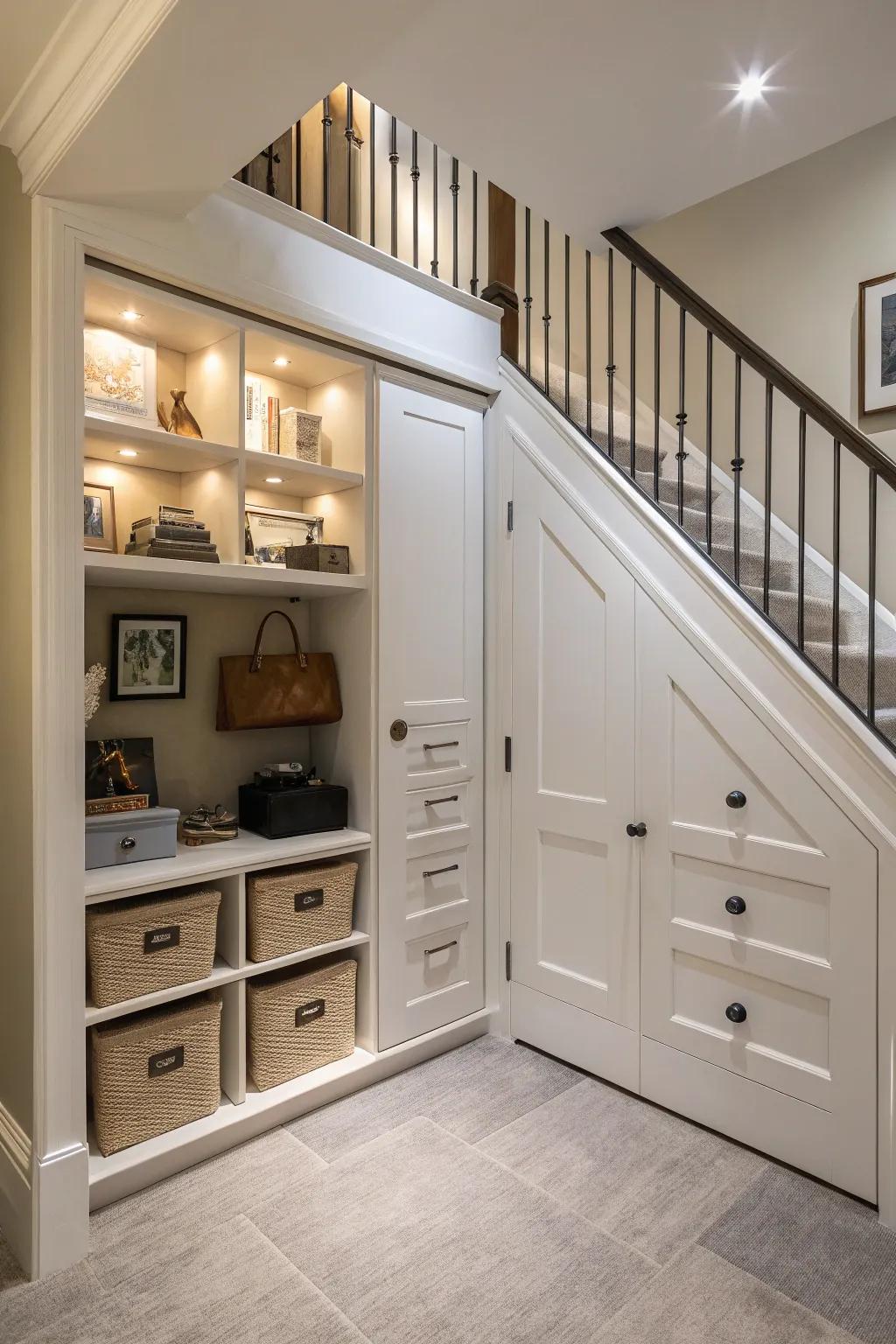 Boarded under-stair storage is simultaneously chic and practical.