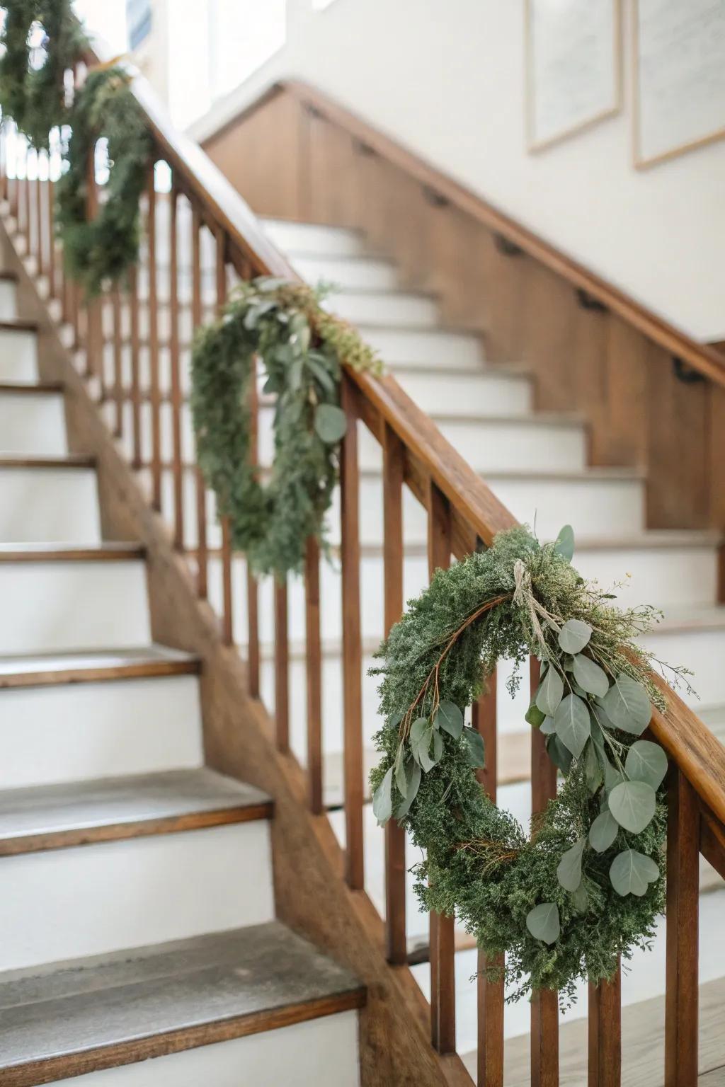 Petite aromatic leaves floral circles inject sophistication into the staircase.