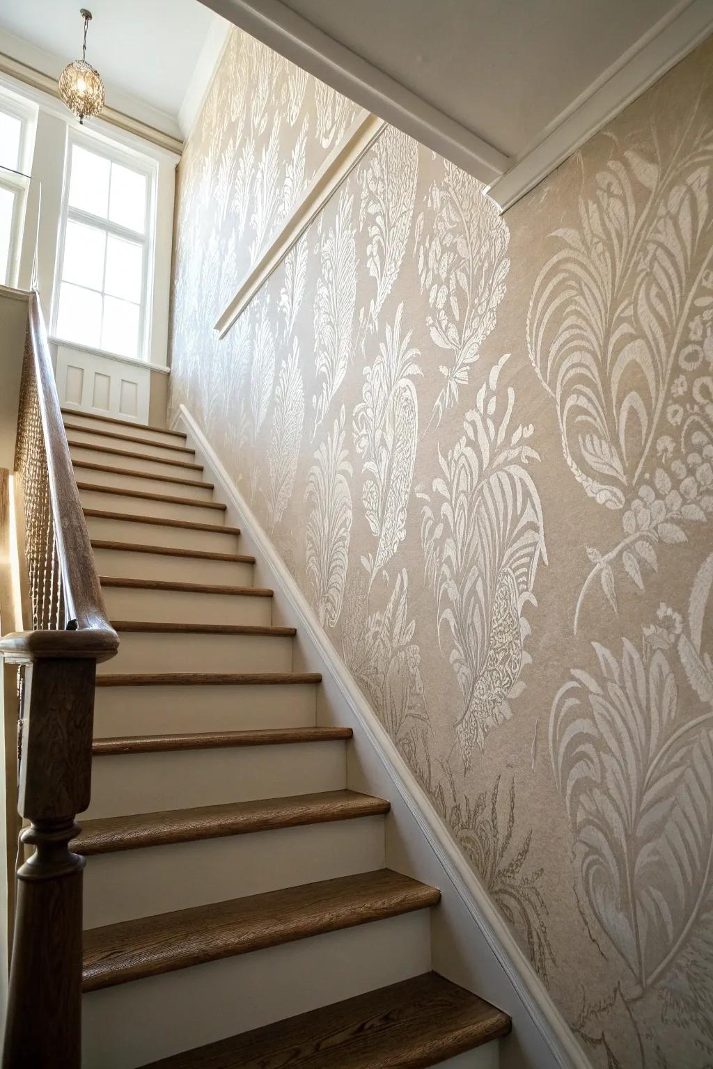Textured wallpaper adds dimension to staircase walls with ease.