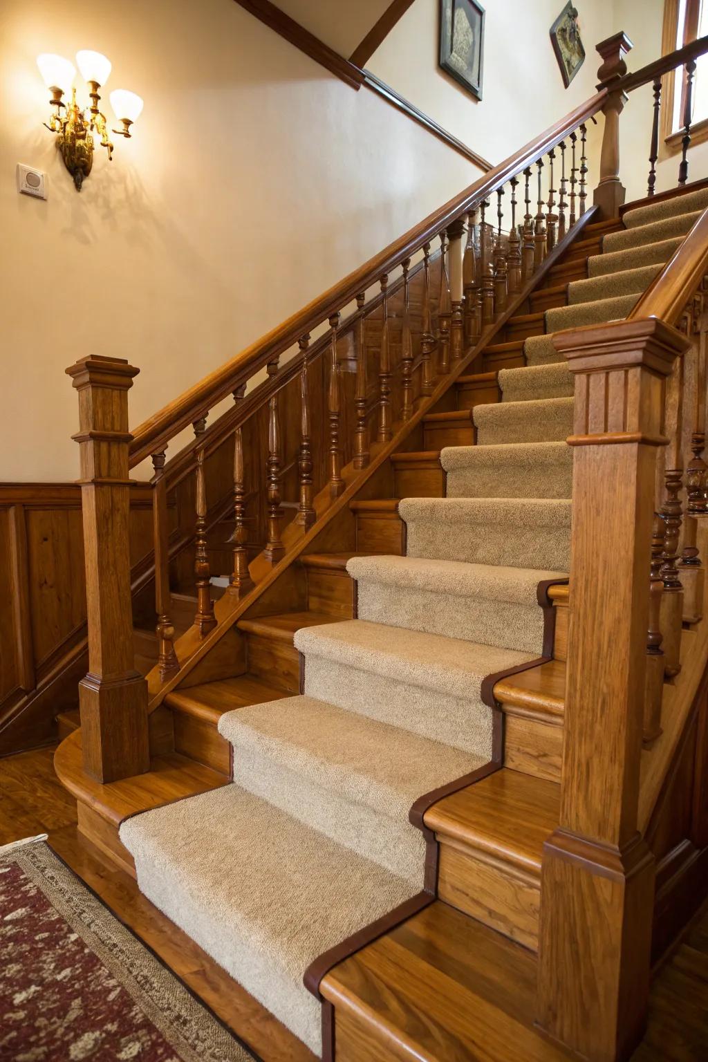 Mixing wood and carpet infuses warmth and style into your staircase.