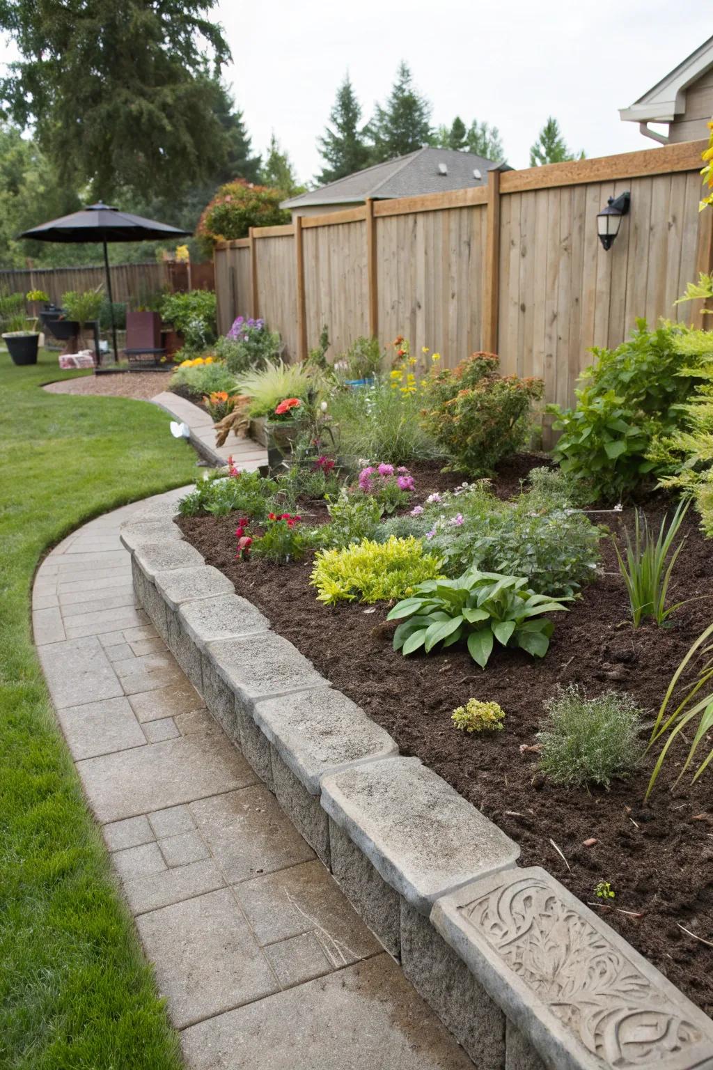 Backyard featuring a functional elevated stamped concrete perimeter