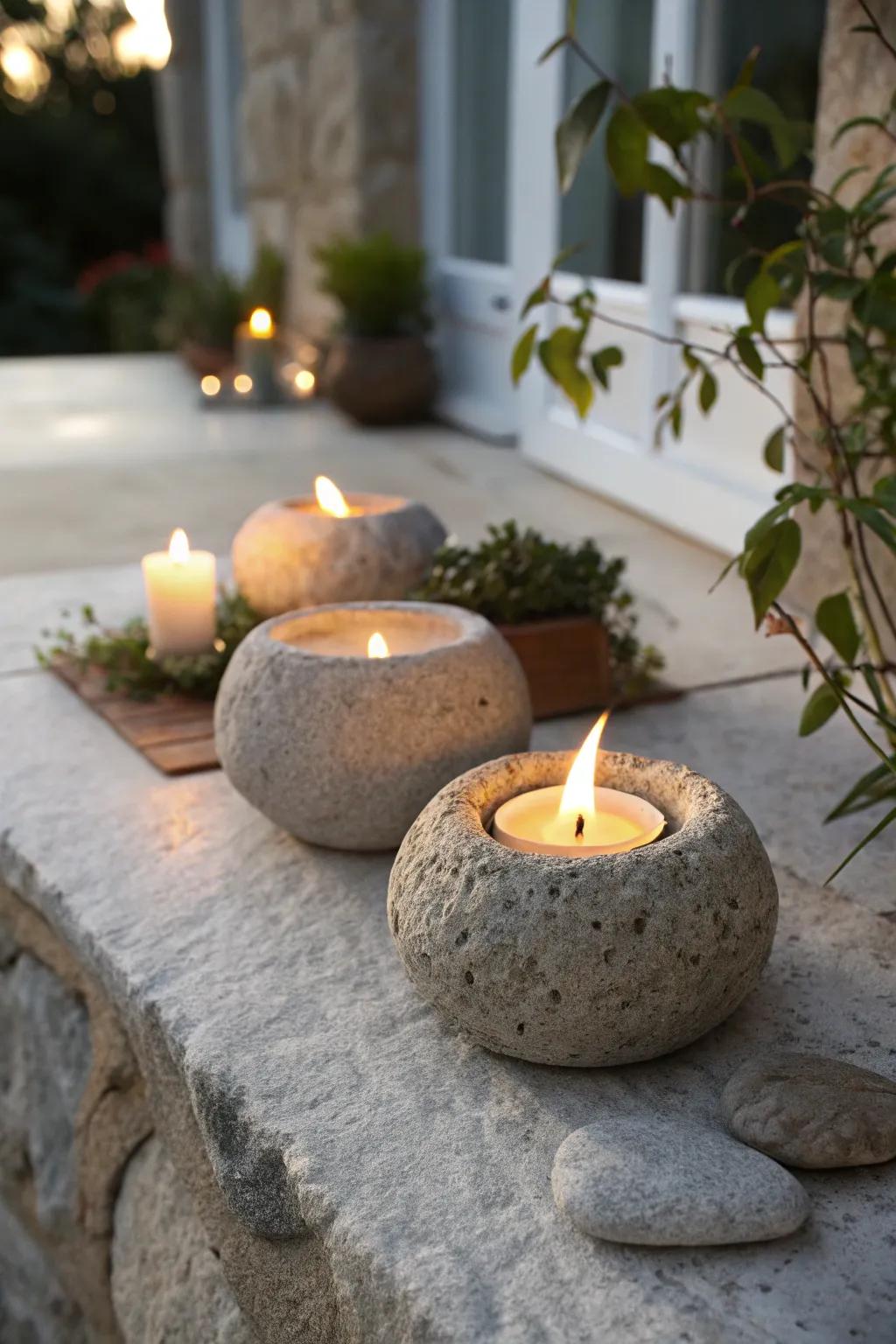 Earthy stone candle bases casting a gentle evening light.