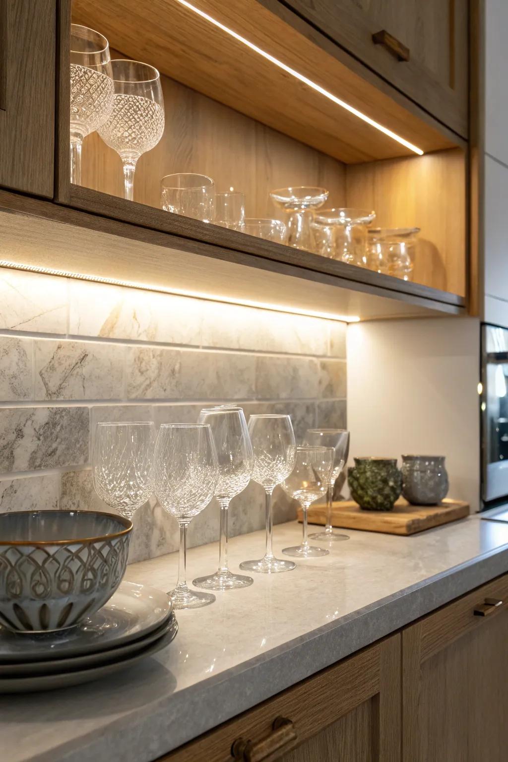 Under-cabinet lighting enriches visibility and highlights glassware.