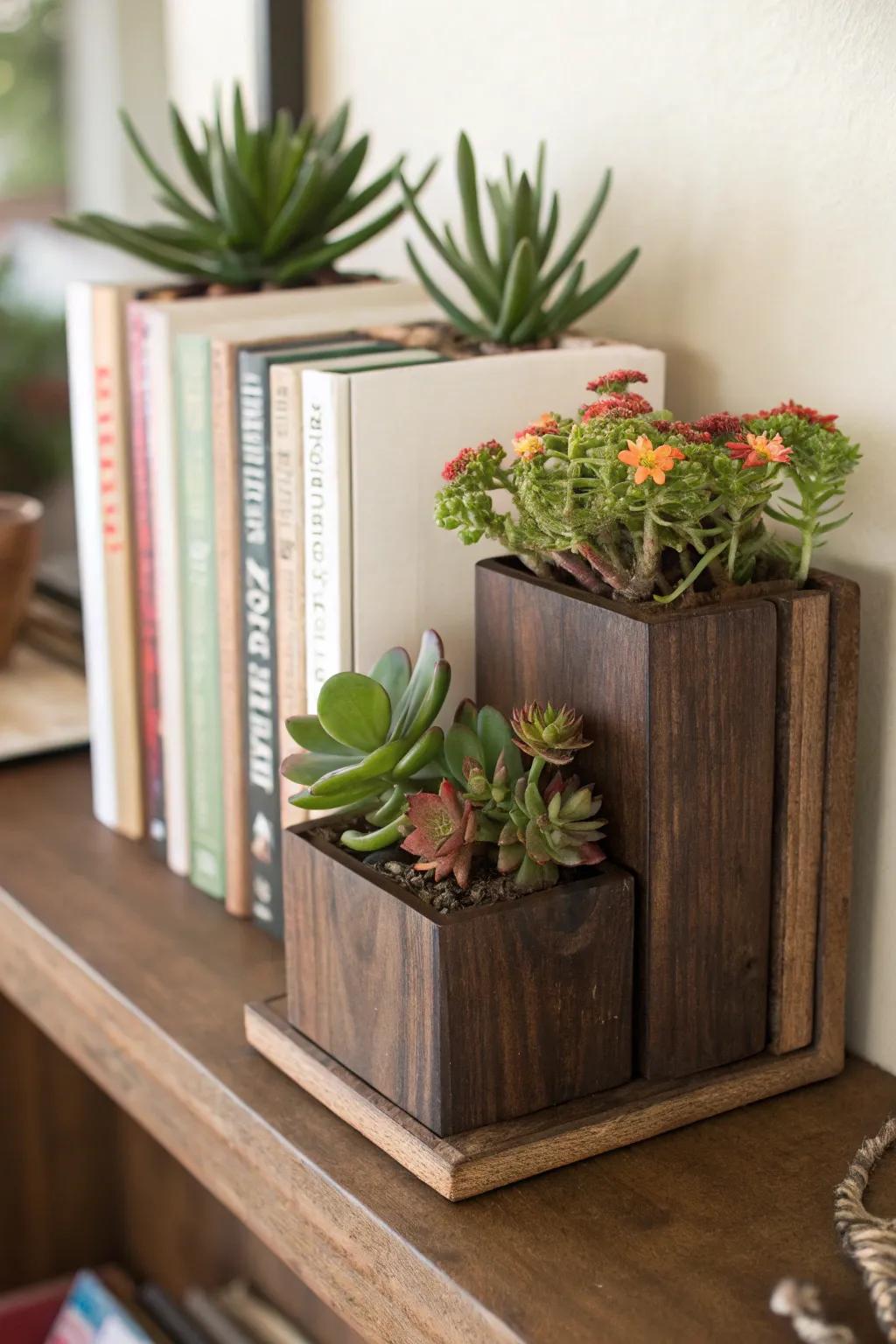 Succulent bookends combine functionality with organic beauty.