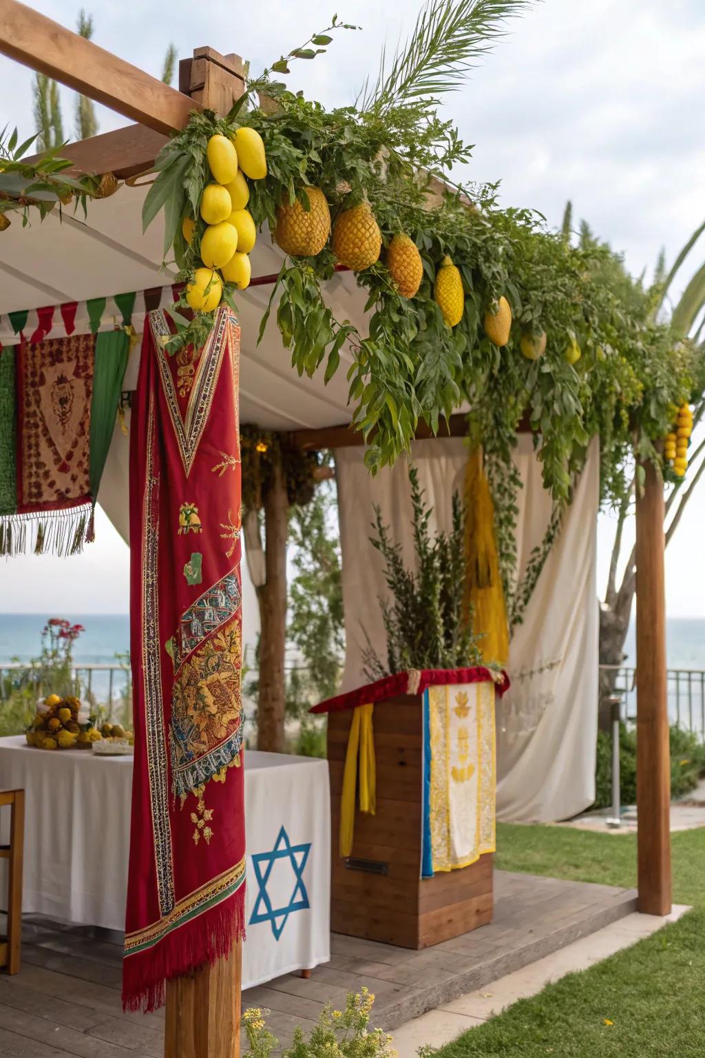A culturally abundant sukkah showcasing conventional symbols such as etrog and lulav.