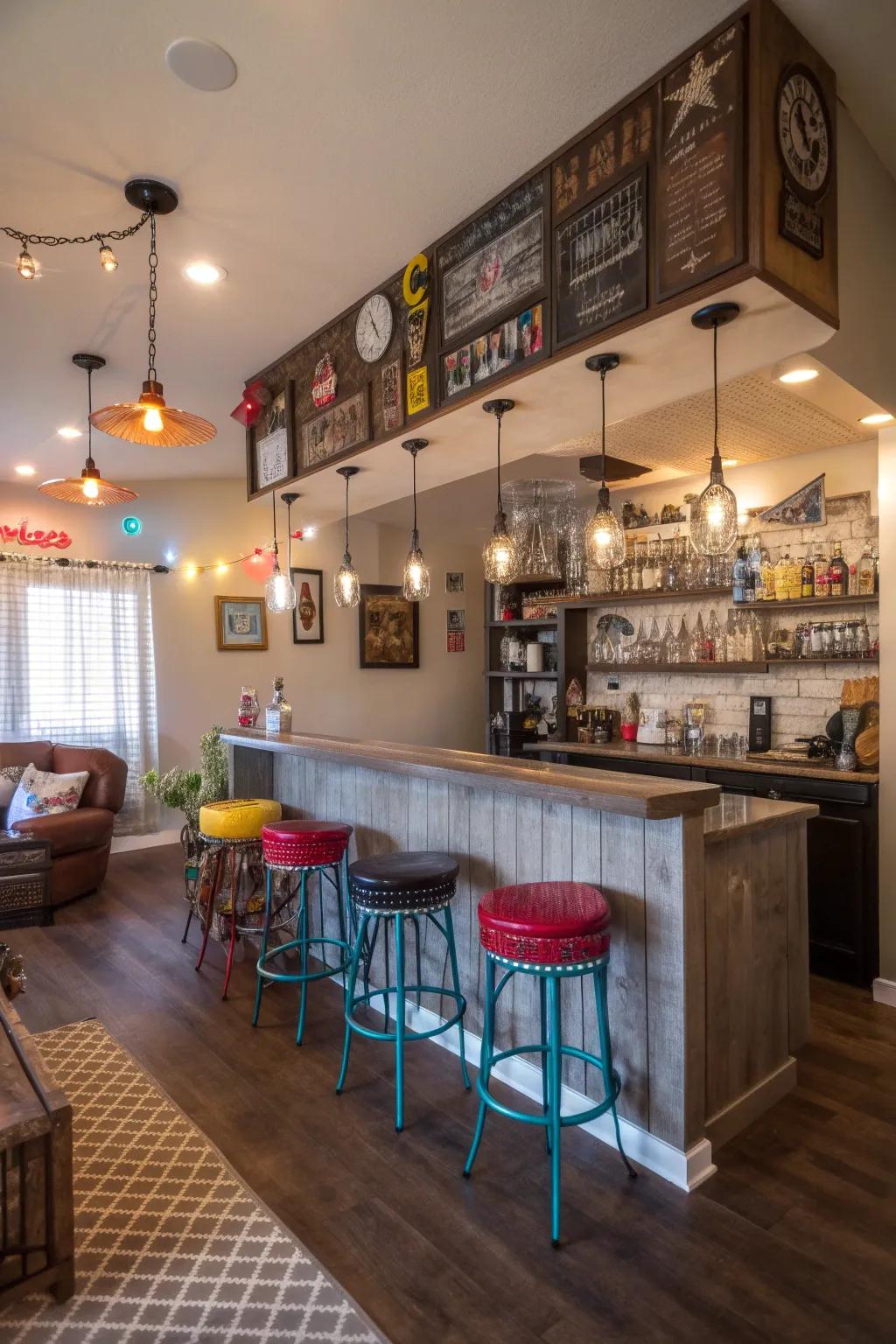 Personalized signs and décor provide this bar a unique, personal feel.