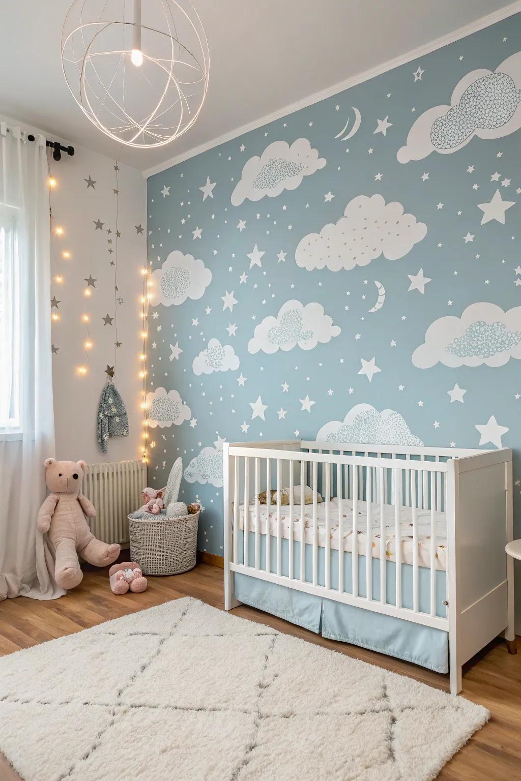 Craft an airy space with sky-inspired wallpaper.