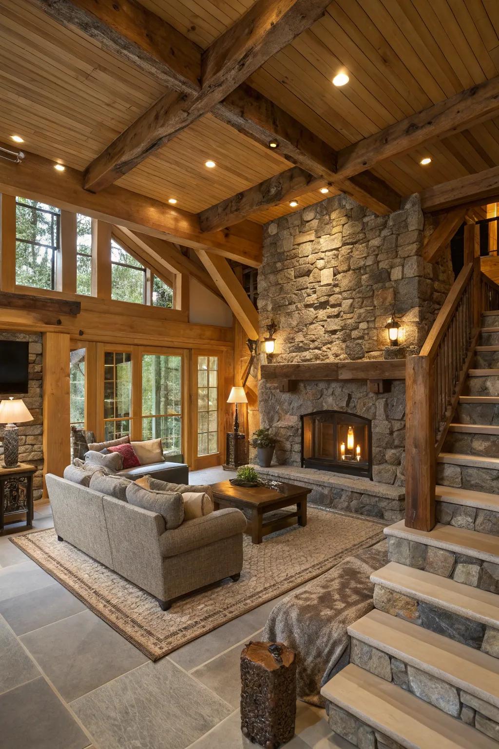 A sunken living room with wood and stone elements.