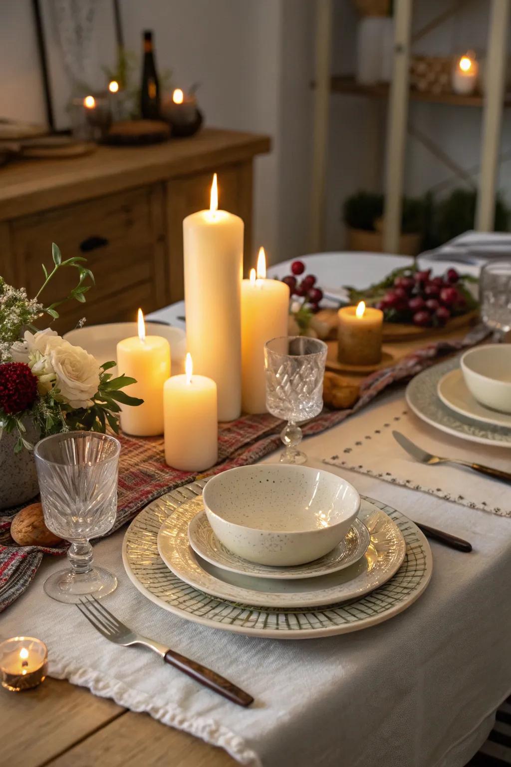 Candles impart warmth and an enchanting glow to the table setting.