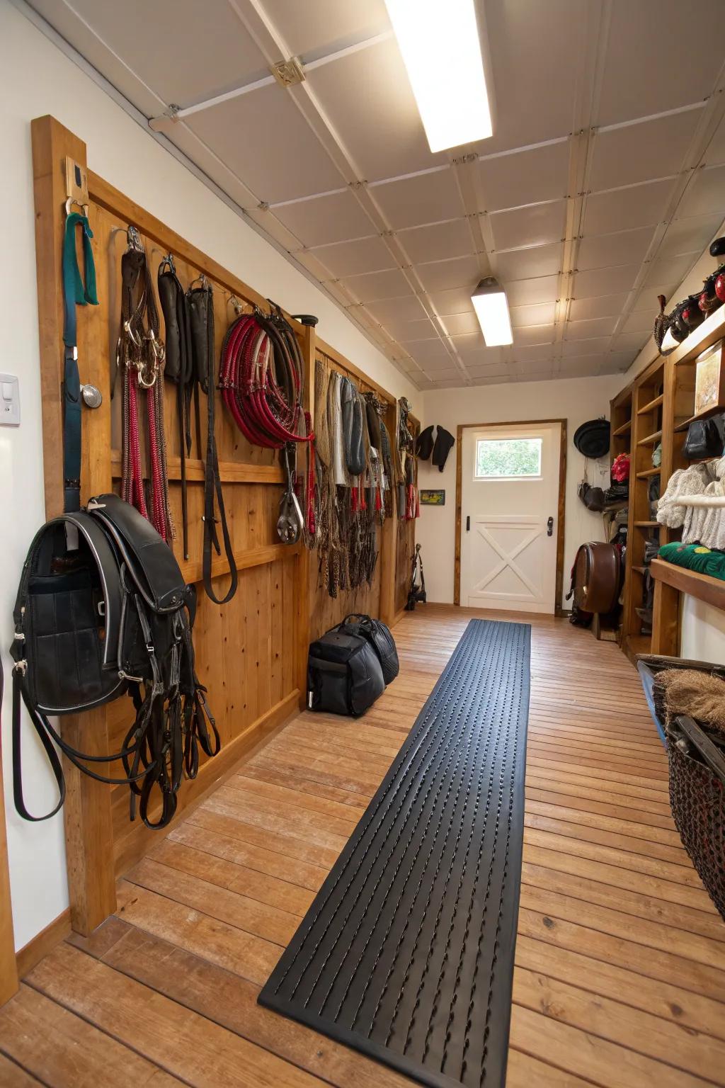 Durable flooring options in a tack room for simple upkeep.