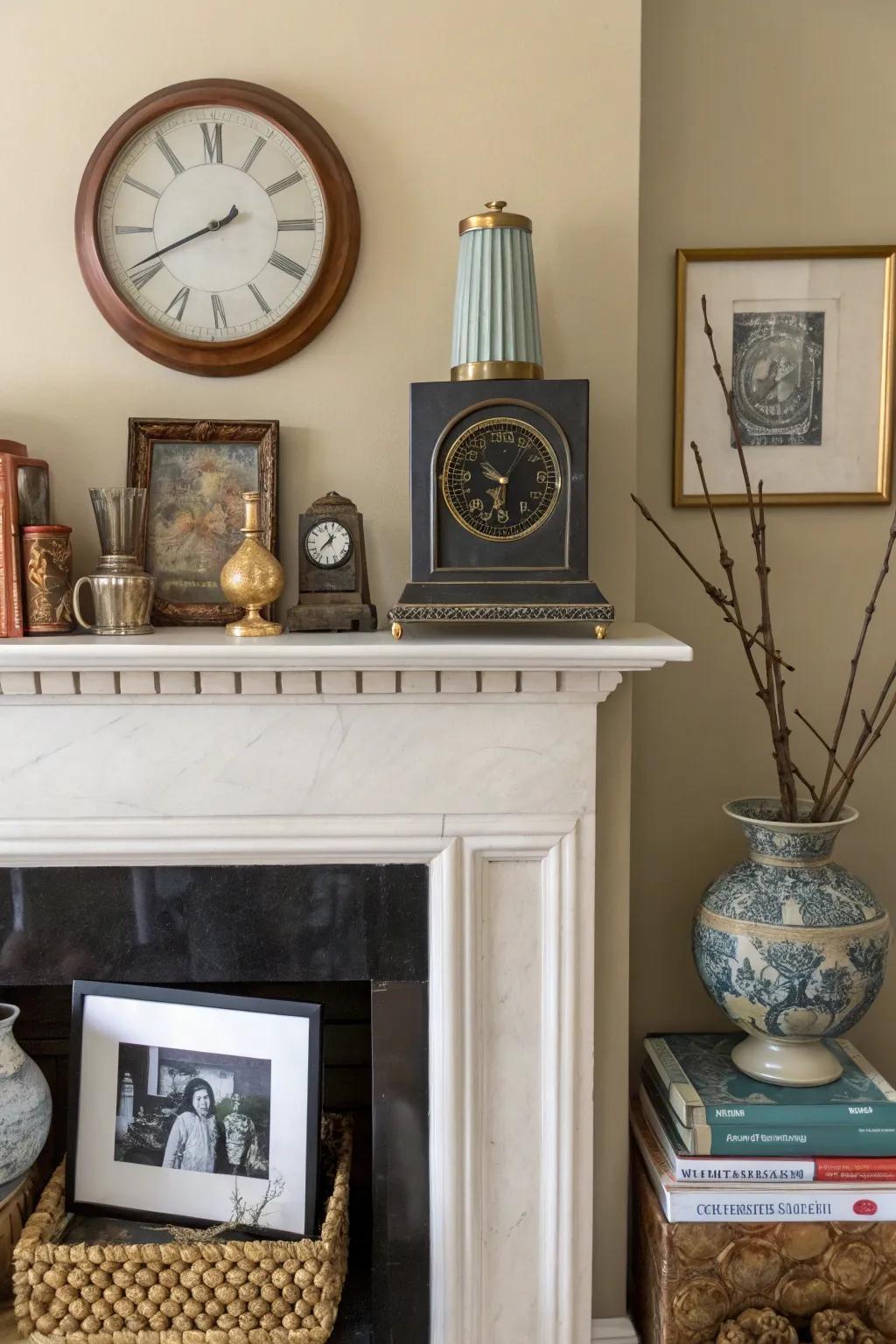 A high mantel fusing modern and vintage décor for a diverse impression.