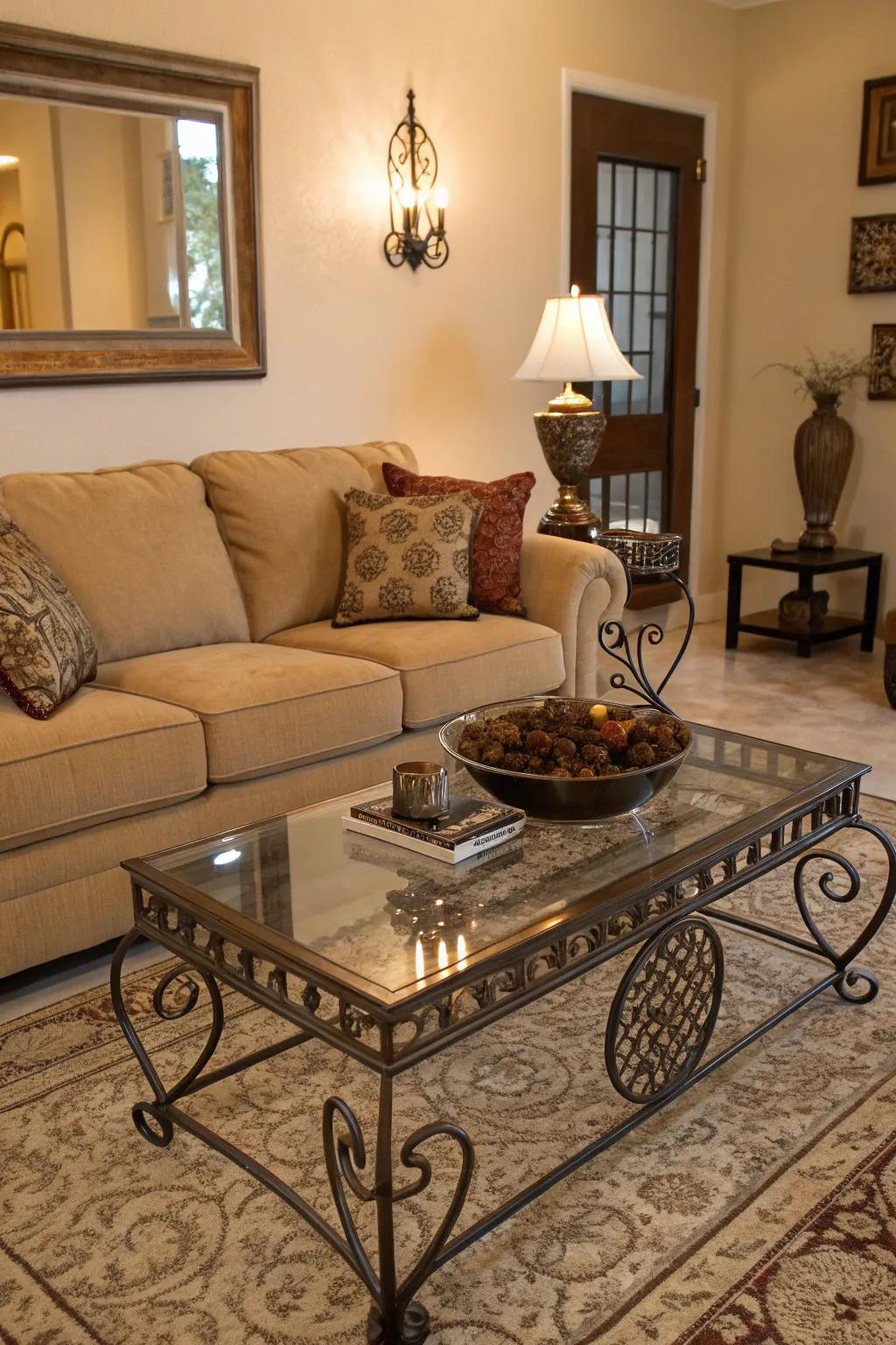 Mixed materials inject depth and intrigue into a beige sofa setting.