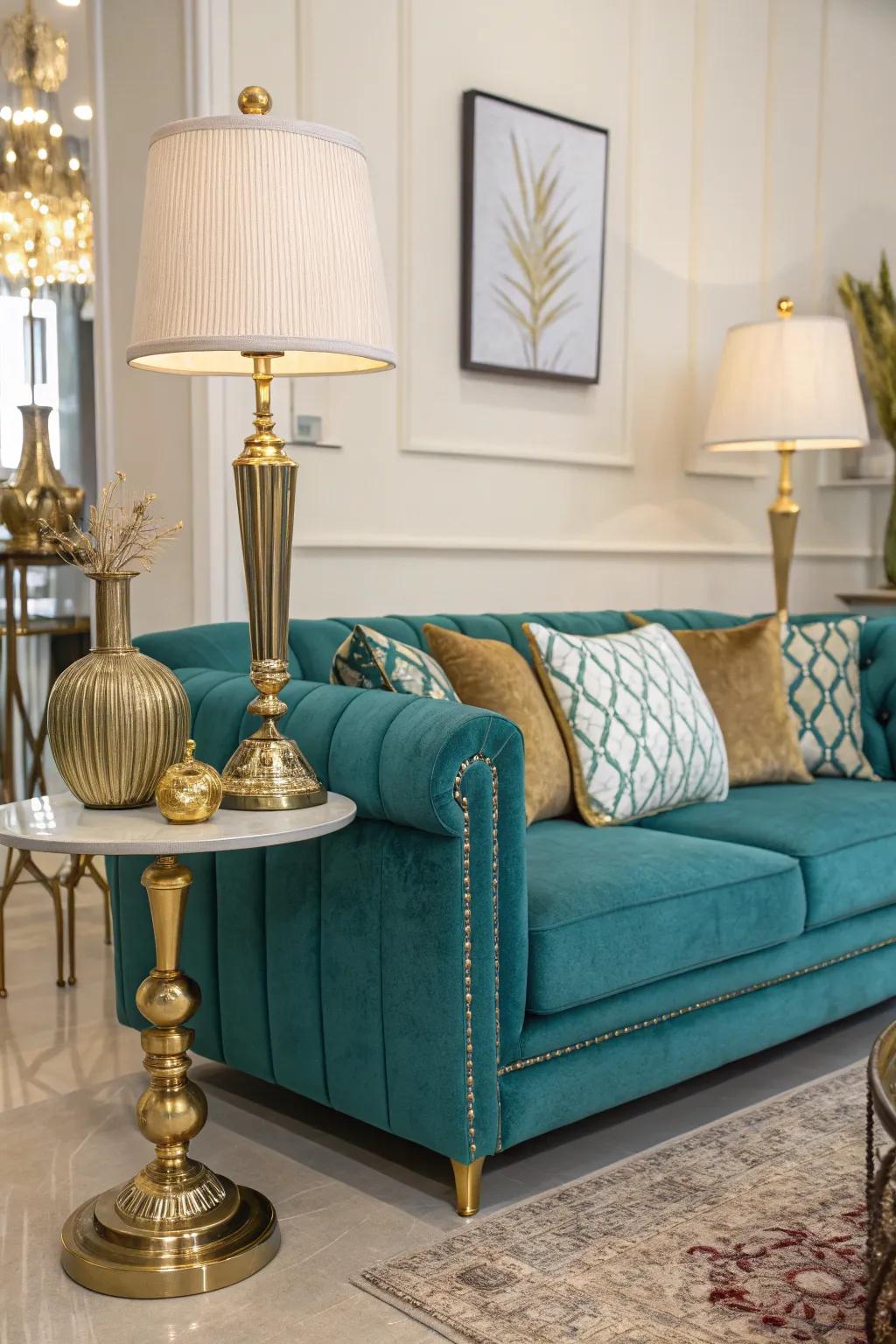 Metal highlights infuse a hint of refinement to a cobalt settee arrangement.