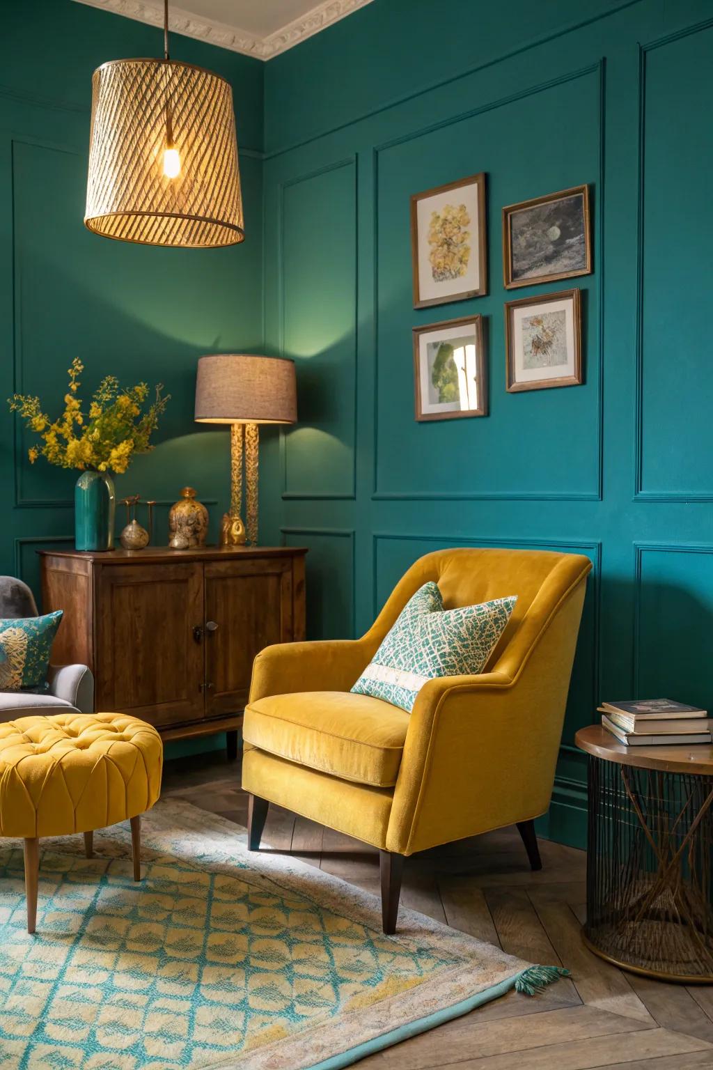 Turquoise walls matched with mustard yellow for an energetic atmosphere.