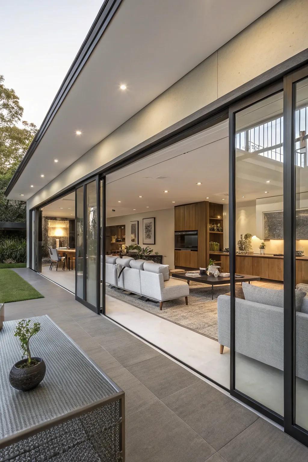 Streamlined gliding panels add privacy to an open-concept living space.