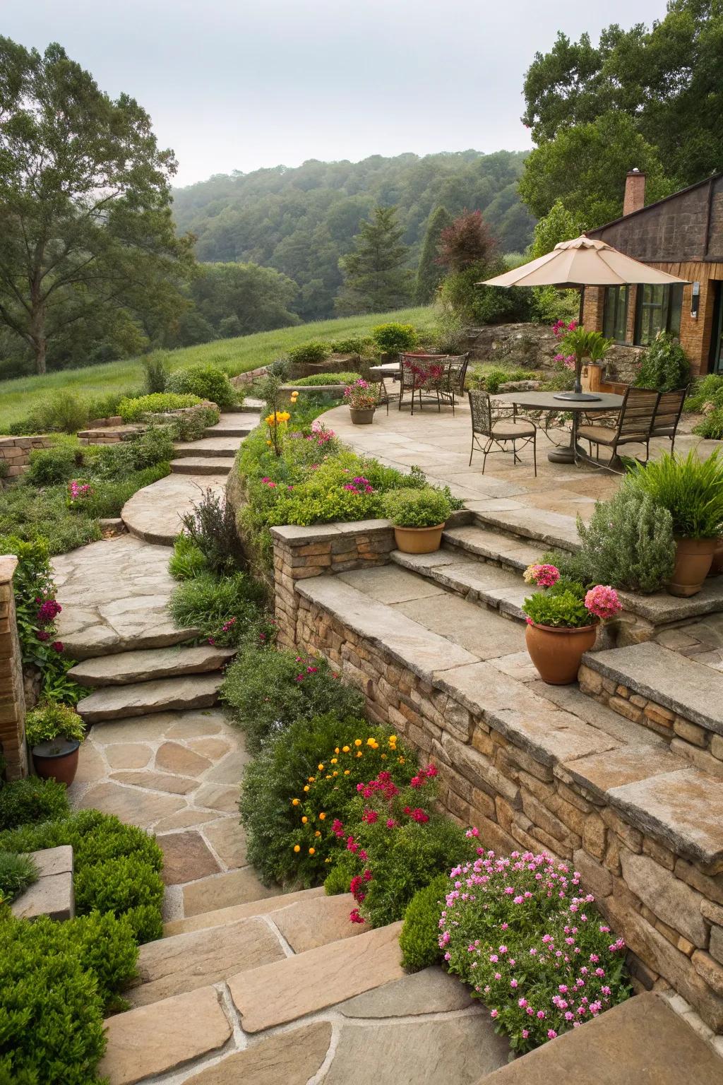 Stone pathways and deck areas in a layered garden, providing structure and movement.