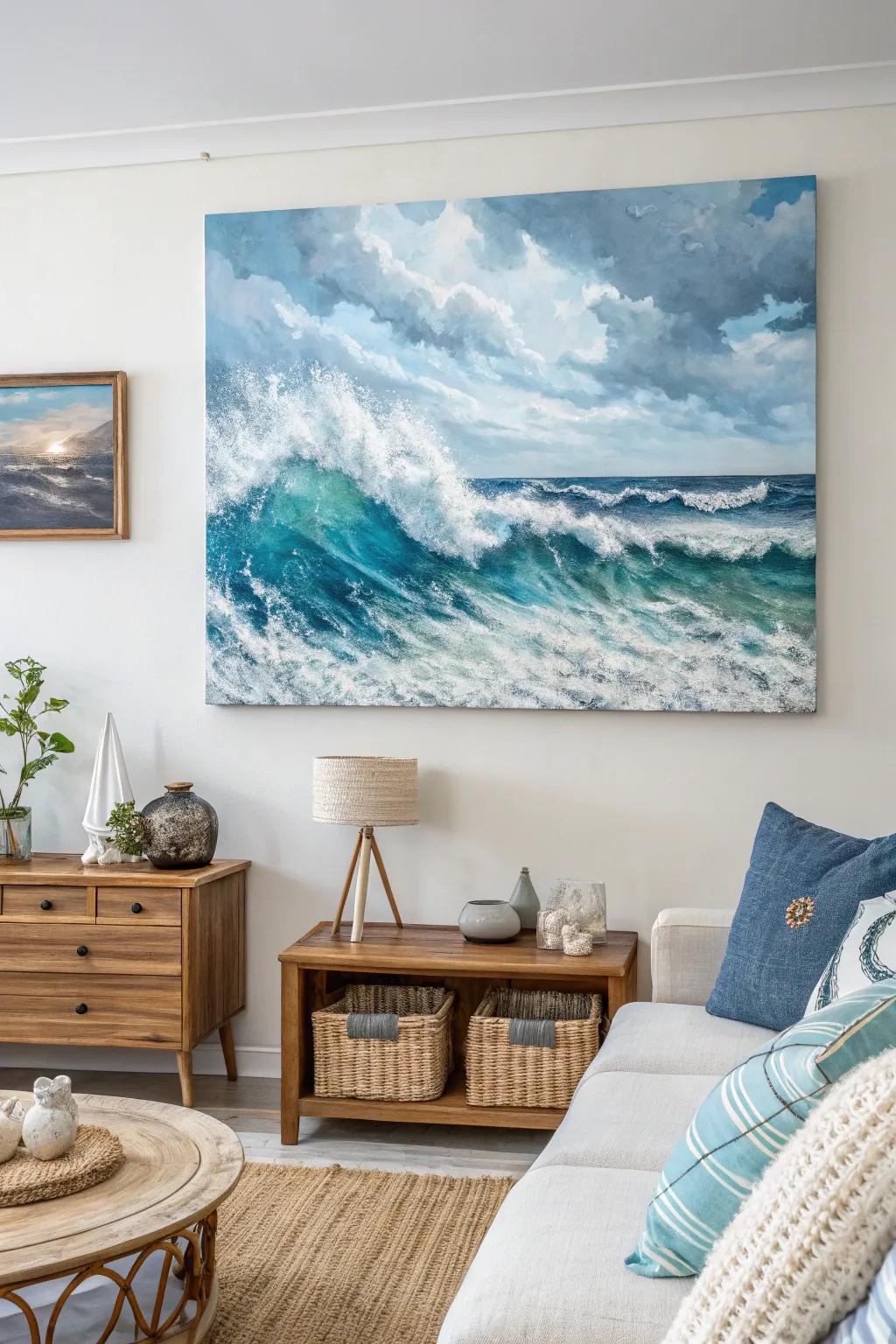 An embossed waterscape painting brings the soothing essence of the ocean into this seaside living space.