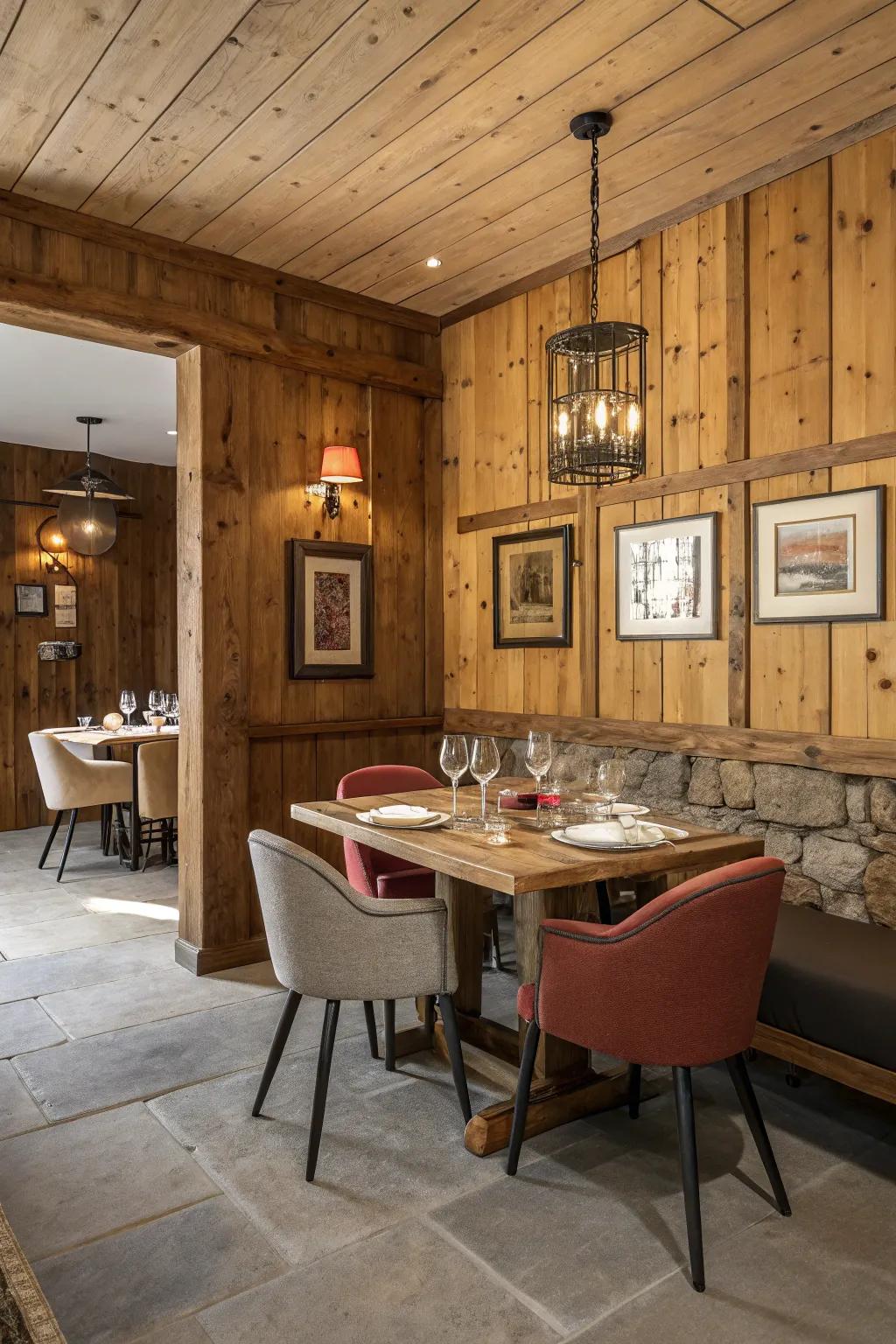 This dining area showcases walls paneled with warm wood.