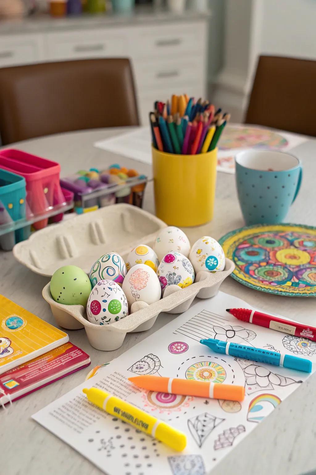A creative egg decorating station for Easter enjoyment.