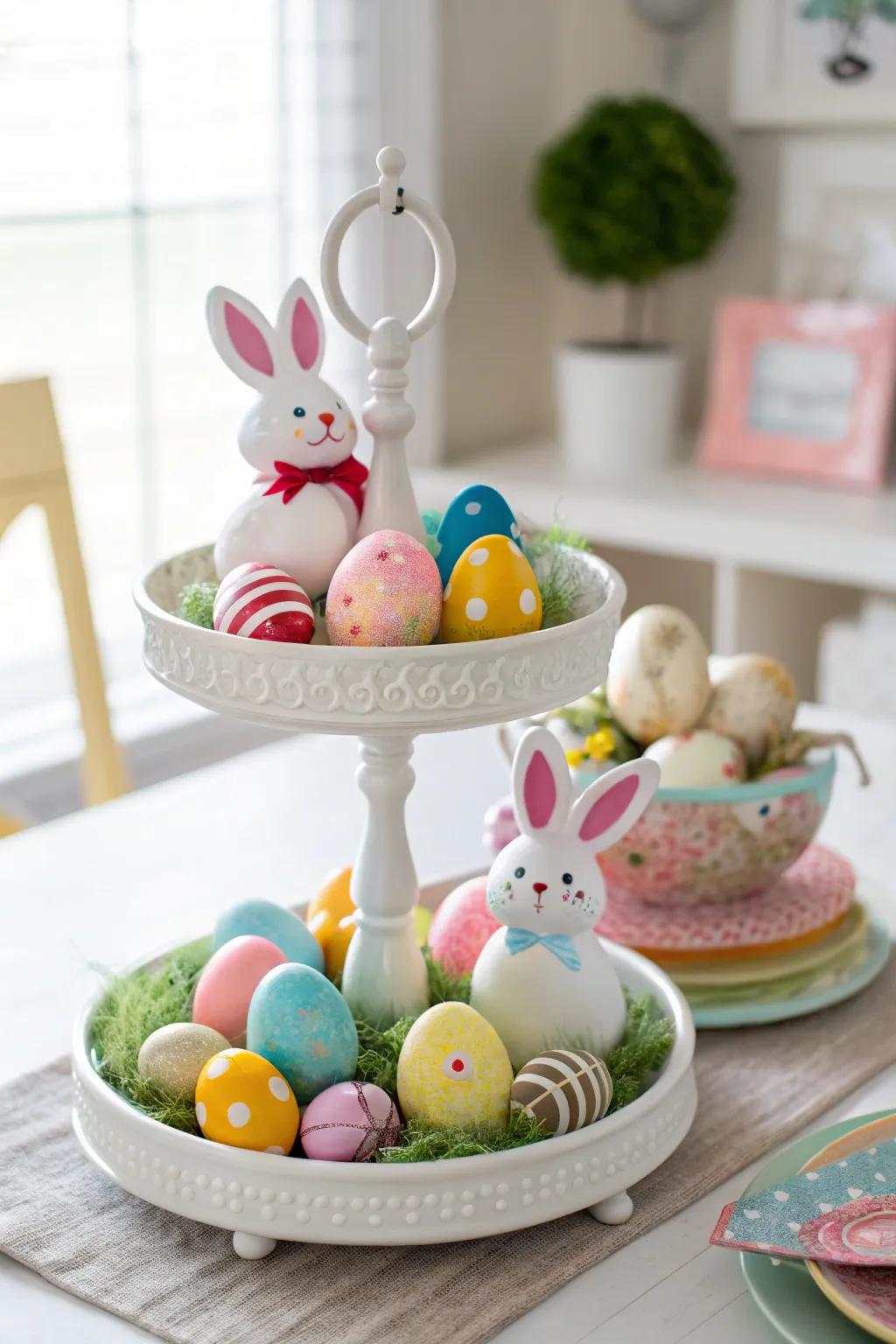 An Easter-themed tiered display brimming with joy and color.