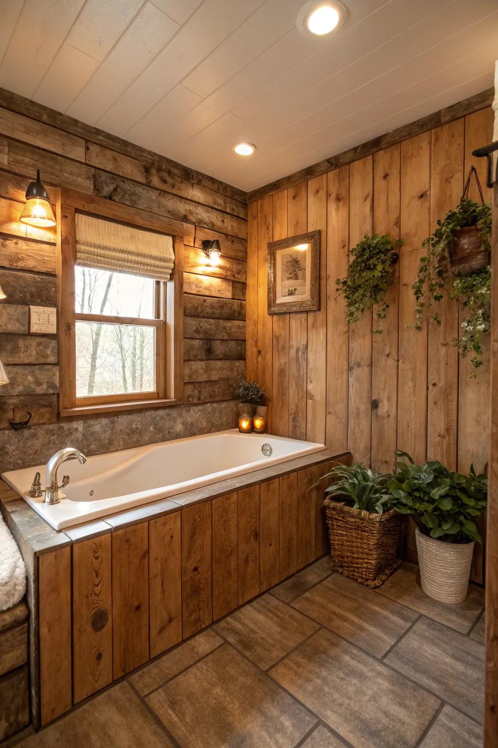 Wood-look panels impart a rustic charm while staying practical for a bathroom.