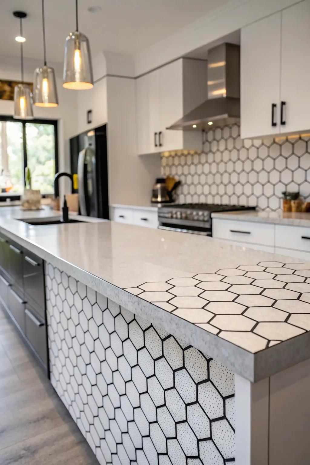 Polygon tiles contribute geometric interest to this modern kitchen.