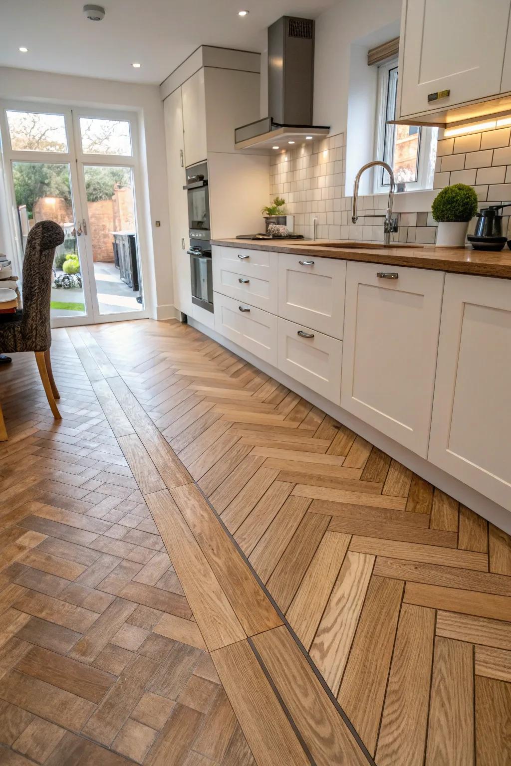 Herringbone tiles transition gracefully into wooden flooring.