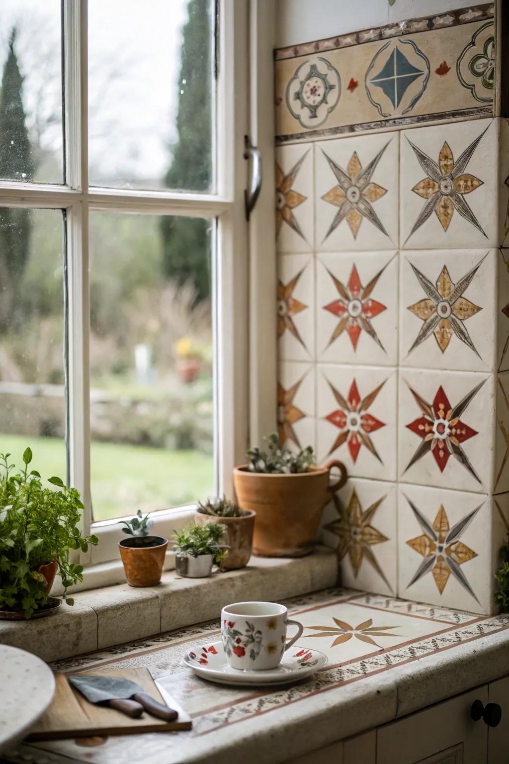Vintage star tiles add character and a nostalgic touch to this kitchen window sill.