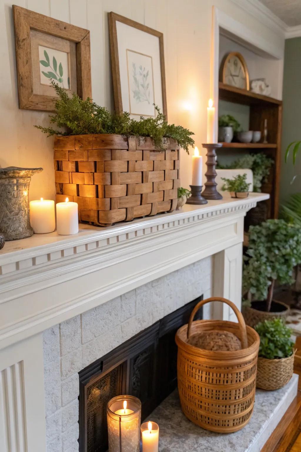 A carefree and chic fireplace mantel display with a cargo net.