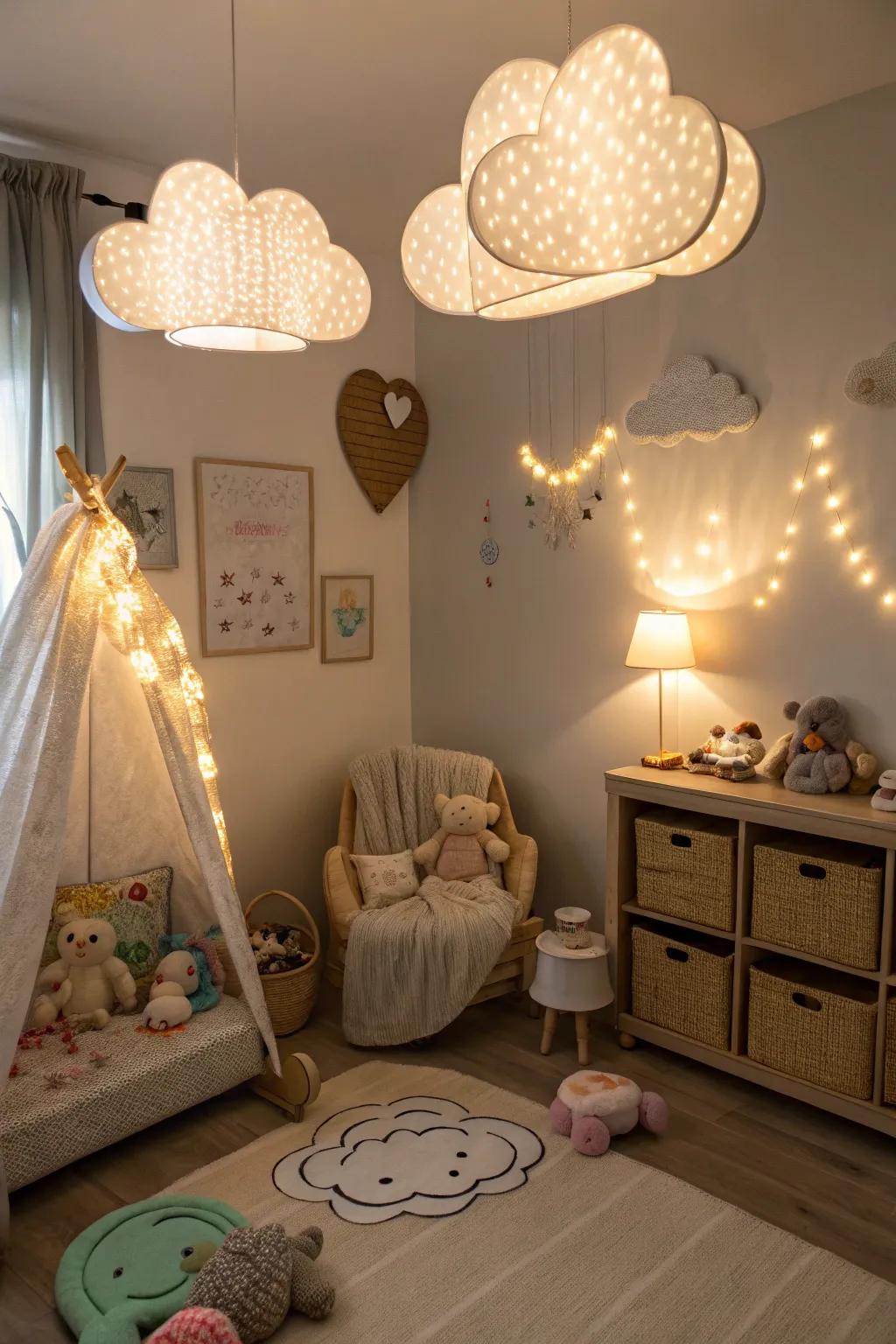 Whimsical illumination imparts warmth and allure to the chamber.