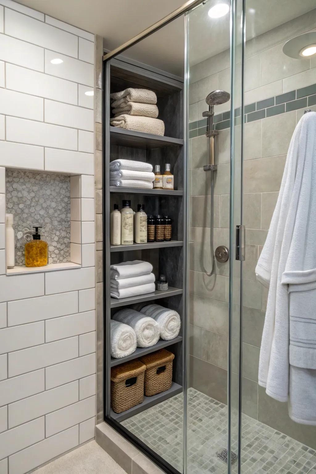 Niche shelving fits right into small bathroom designs.