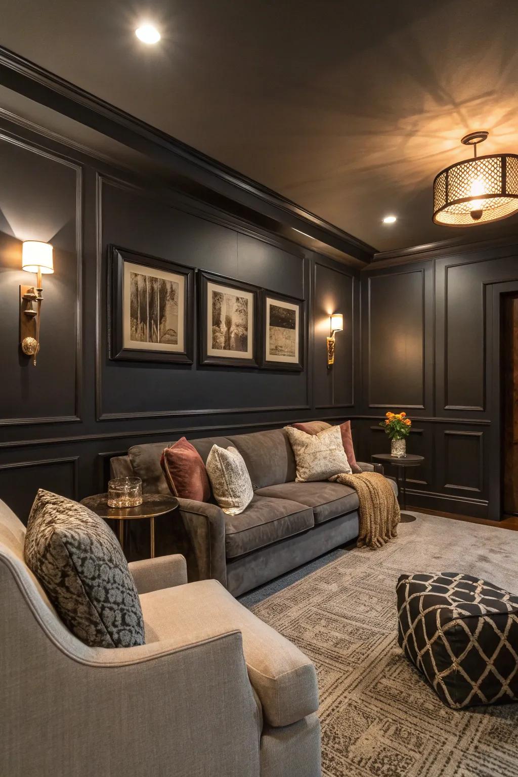 A cozy den featuring walls painted in charcoal to give it a dramatic aura.