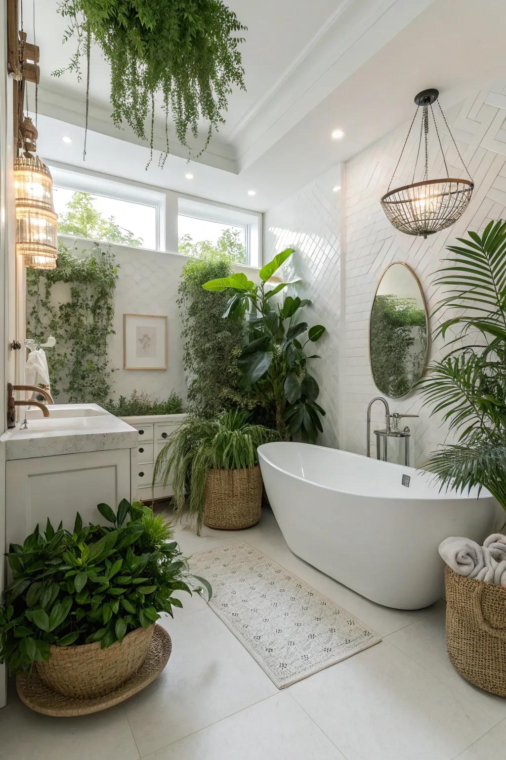 A white bathroom revived with abundant green plants, adding a refreshing hint.