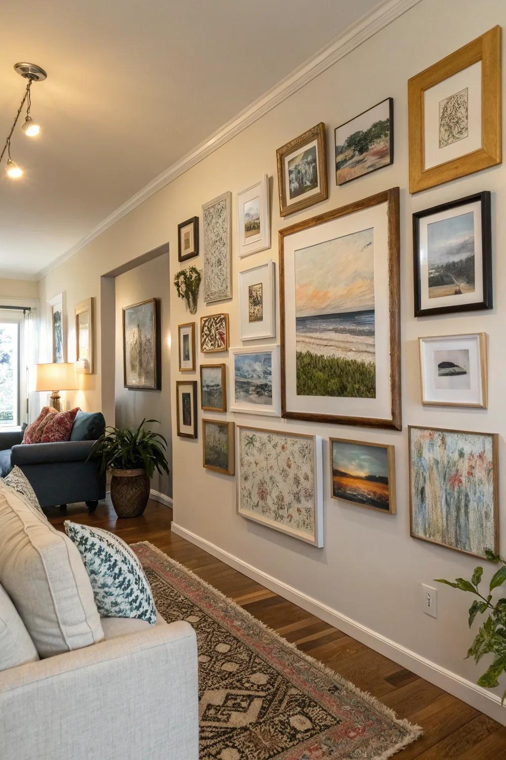 Unique artwork enhancing the character of the living area.
