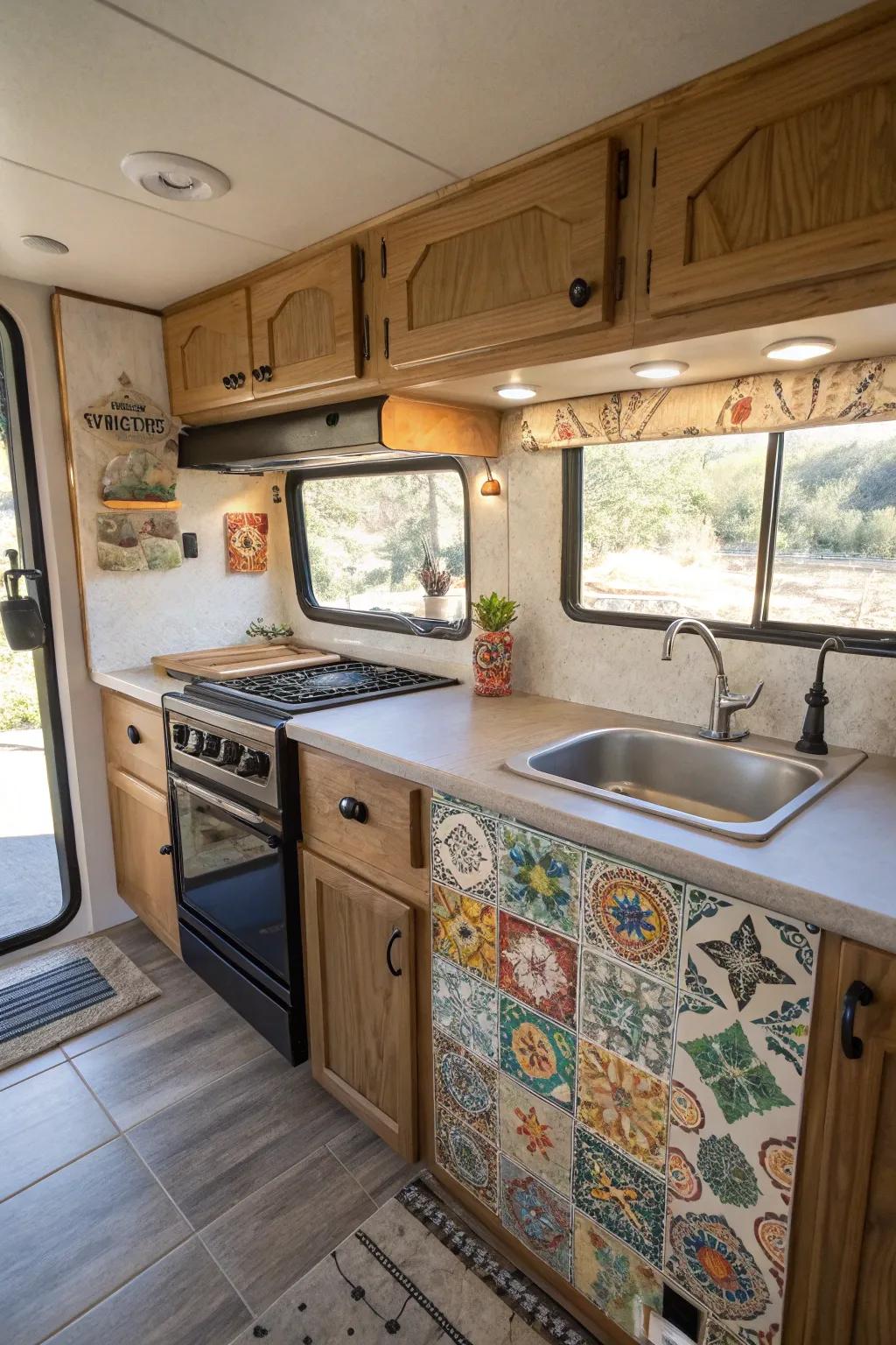 Unique art on your backsplash introduces a personal aspect to your RV kitchen.