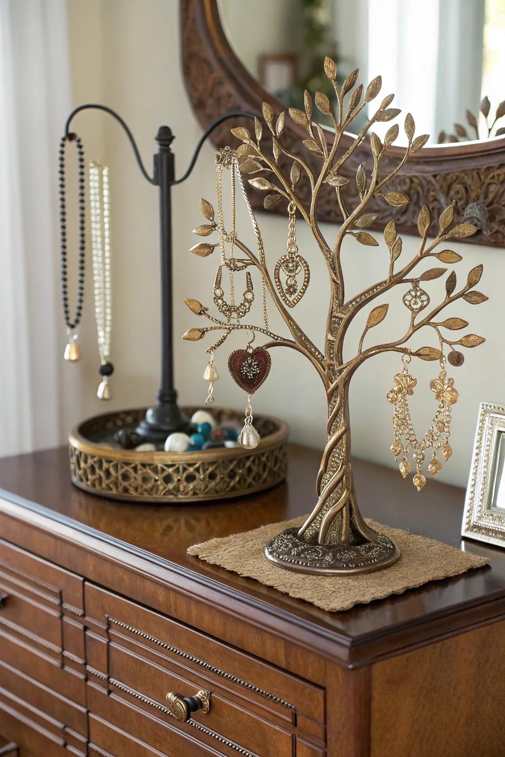 An elegant Arbor Vitae jewelry holder keeps treasures organized on a dresser.