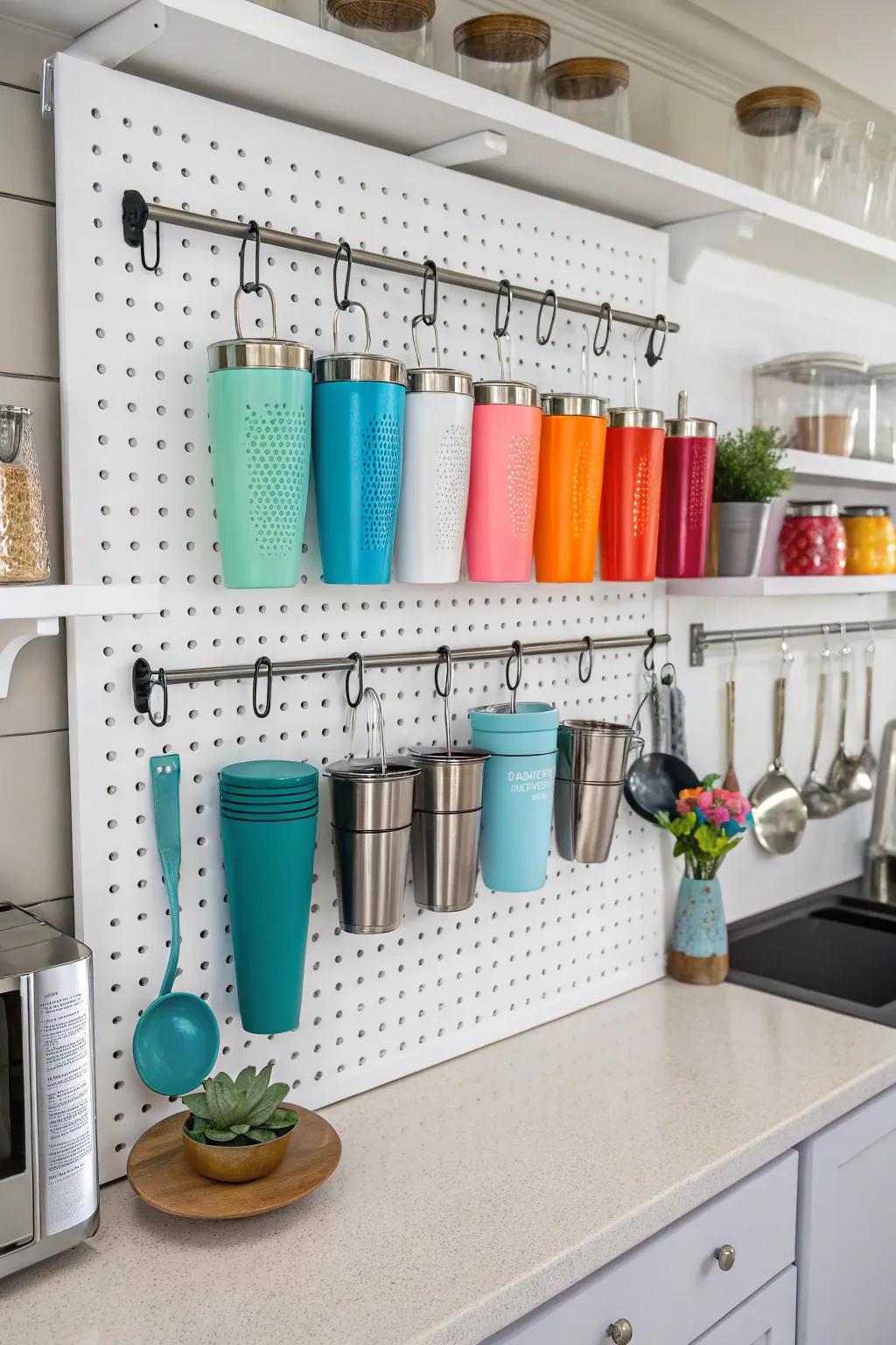 Pegboard surface providing versatile tumbler organization.