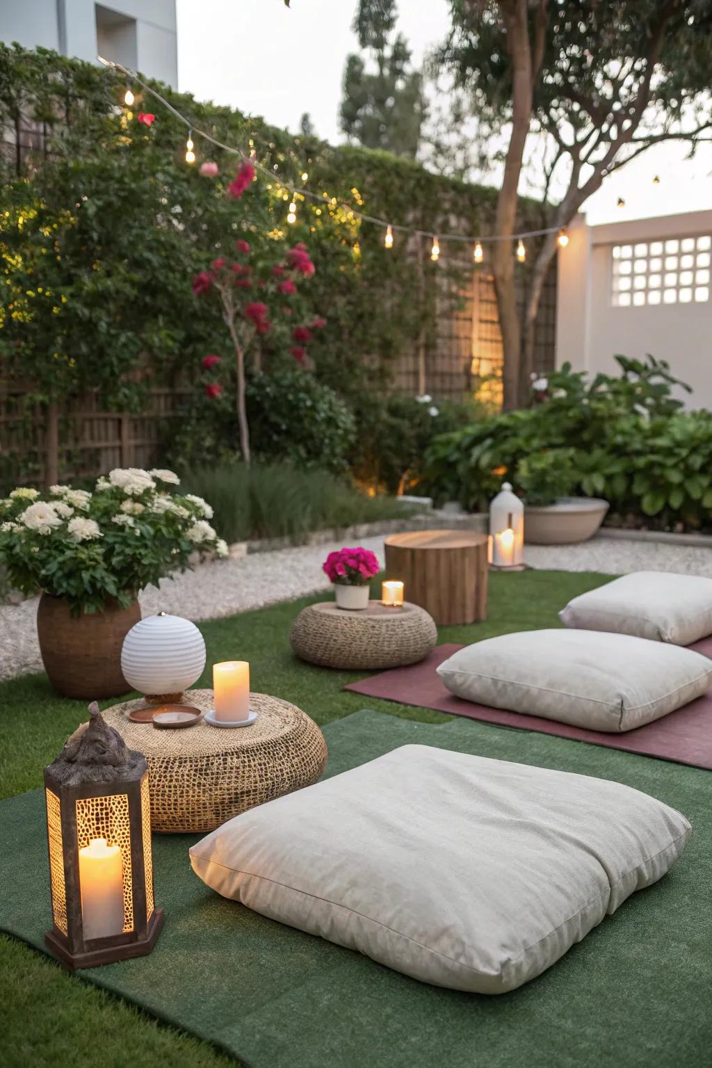A tranquil contemplation space on a synthetic lawn.