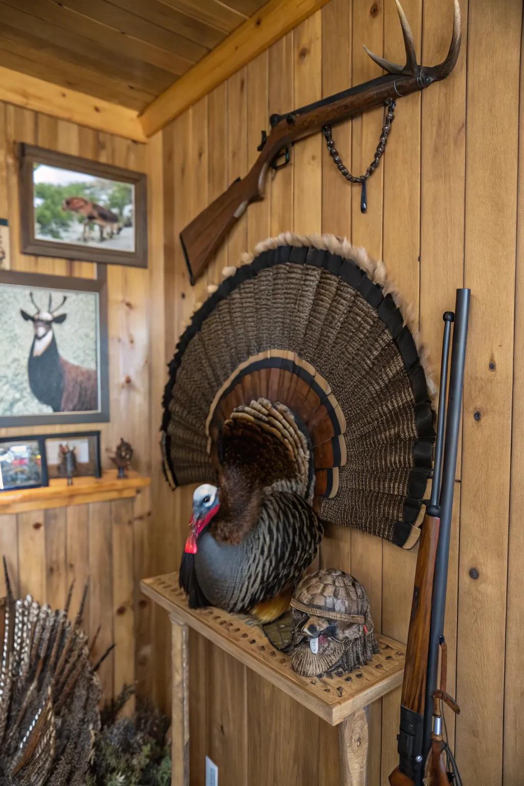 Tuffs and hooks add extra flair to a turkey fan mount.