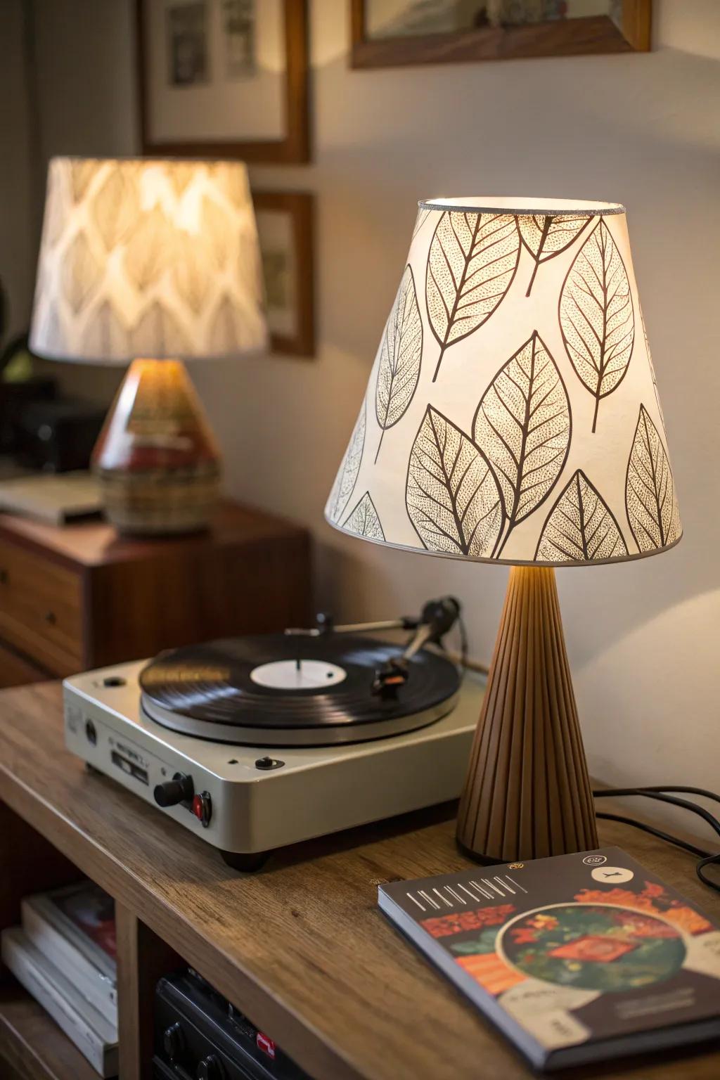 A decorative lamp contributing character to a record player arrangement.