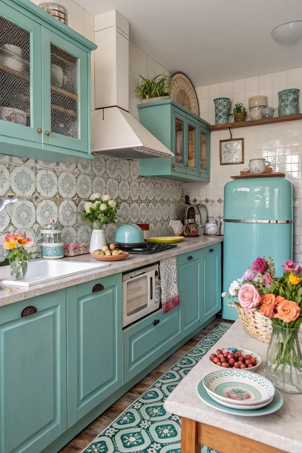 Diverse design features injecting beauty into a turquoise cooking area.